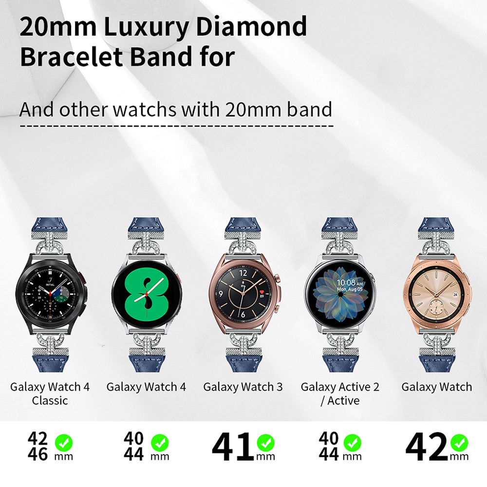 Watch Band for Samsung Galaxy Watch Active 1 2 3 40mm 44mm 20mm Genuine Cow Leather Rhinestone Decor Strap with Silver Buckle