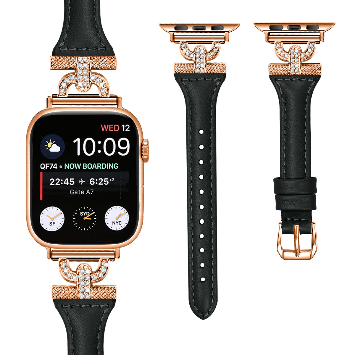 Watch Band for Apple Watch Series 9 8 7 41mm 6 5 4 SE SE (2022) SE (2023) 40mm Series 3 2 1 38mm Genuine Cow Leather Rhinestone Decor Strap with Rose Gold Buckle