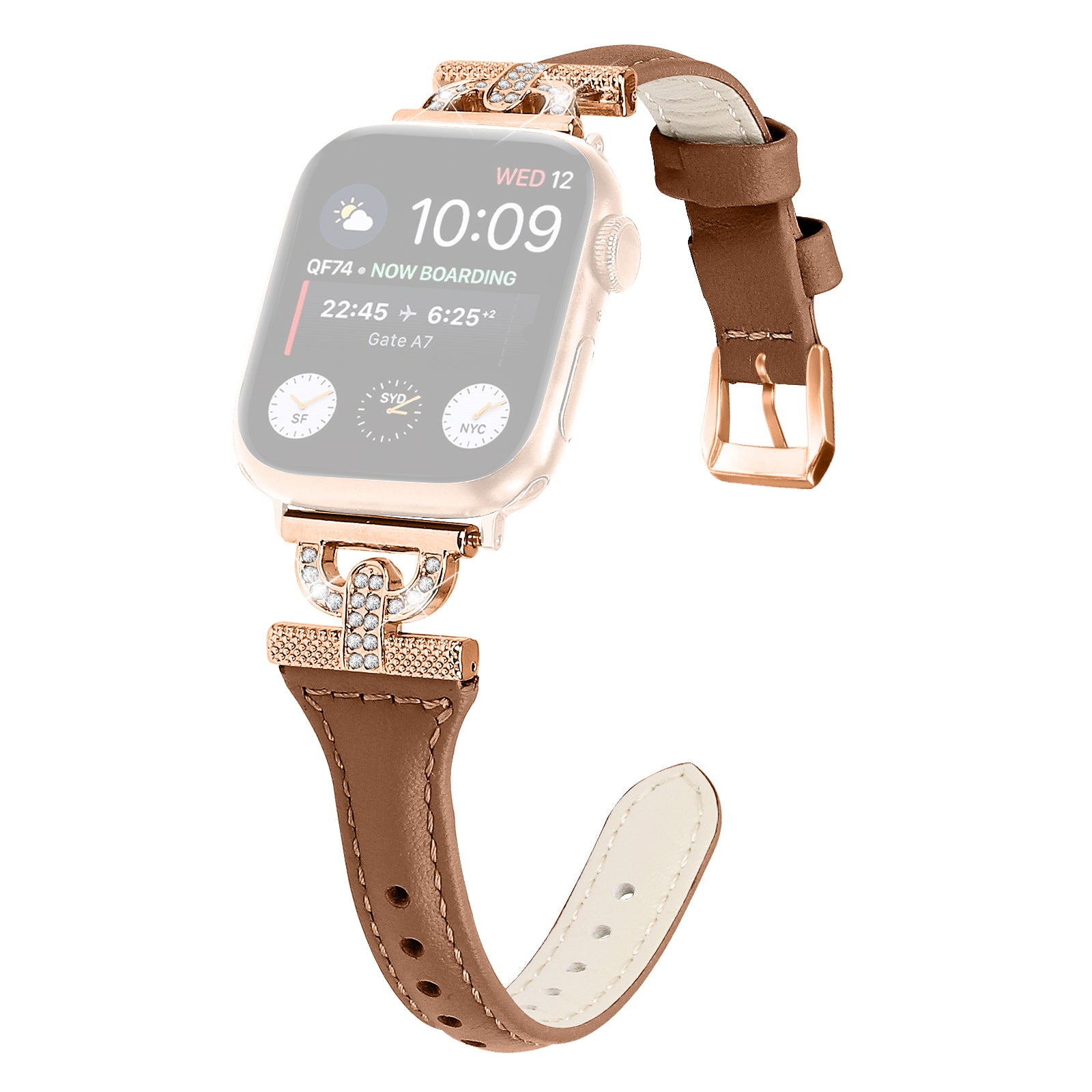 Watch Band for Apple Watch Series 9 8 7 41mm 6 5 4 SE SE (2022) SE (2023) 40mm Series 3 2 1 38mm Genuine Cow Leather Rhinestone Decor Strap with Rose Gold Buckle