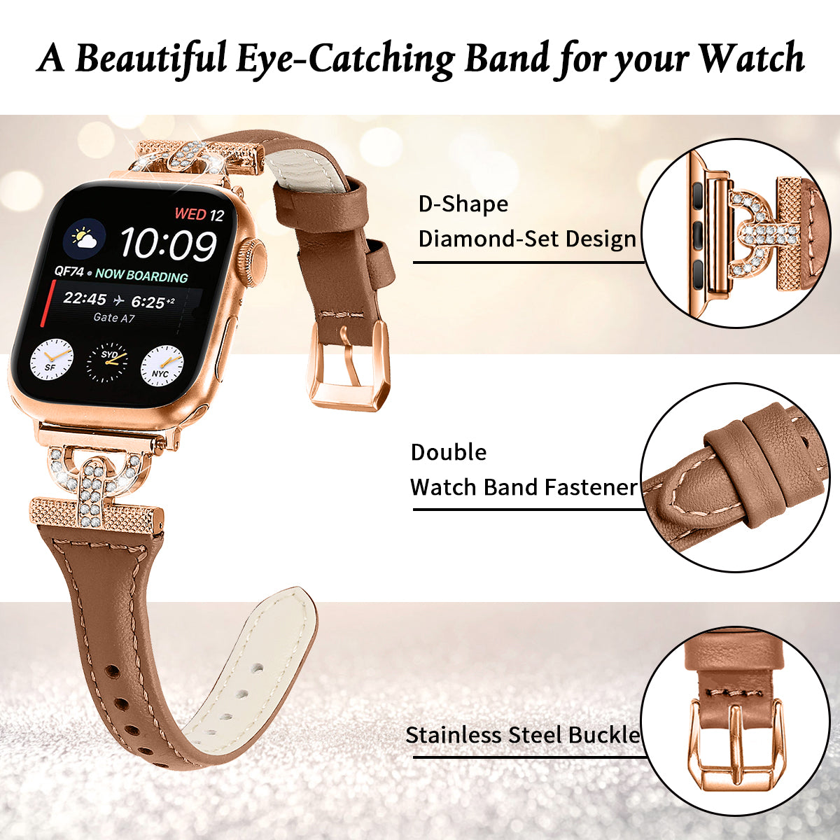 Watch Band for Apple Watch Series 9 8 7 41mm 6 5 4 SE SE (2022) SE (2023) 40mm Series 3 2 1 38mm Genuine Cow Leather Rhinestone Decor Strap with Rose Gold Buckle