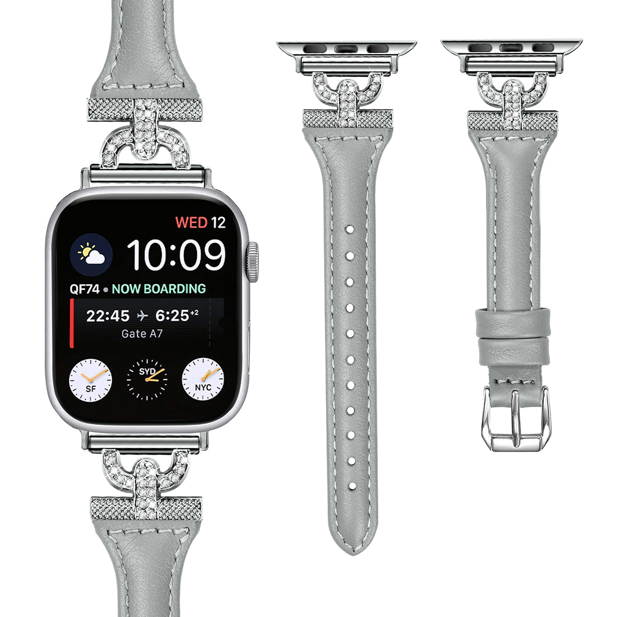 Genuine Cow Leather Watch Band for Apple Watch Series 9 8 7 41mm 6 5 4 SE SE (2022) SE (2023) 40mm Series 3 2 1 38mm Silver Buckle Rhinestone Decor Strap