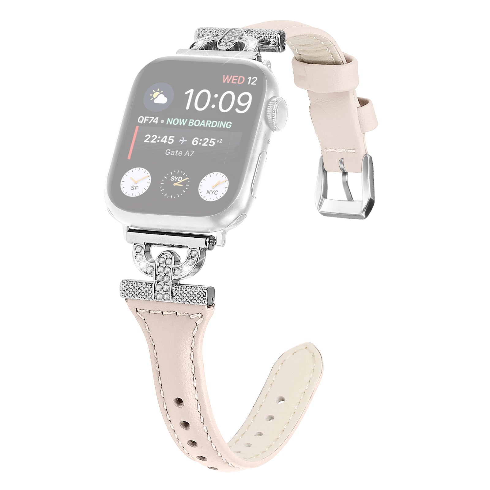 Genuine Cow Leather Watch Band for Apple Watch Series 9 8 7 41mm 6 5 4 SE SE (2022) SE (2023) 40mm Series 3 2 1 38mm Silver Buckle Rhinestone Decor Strap