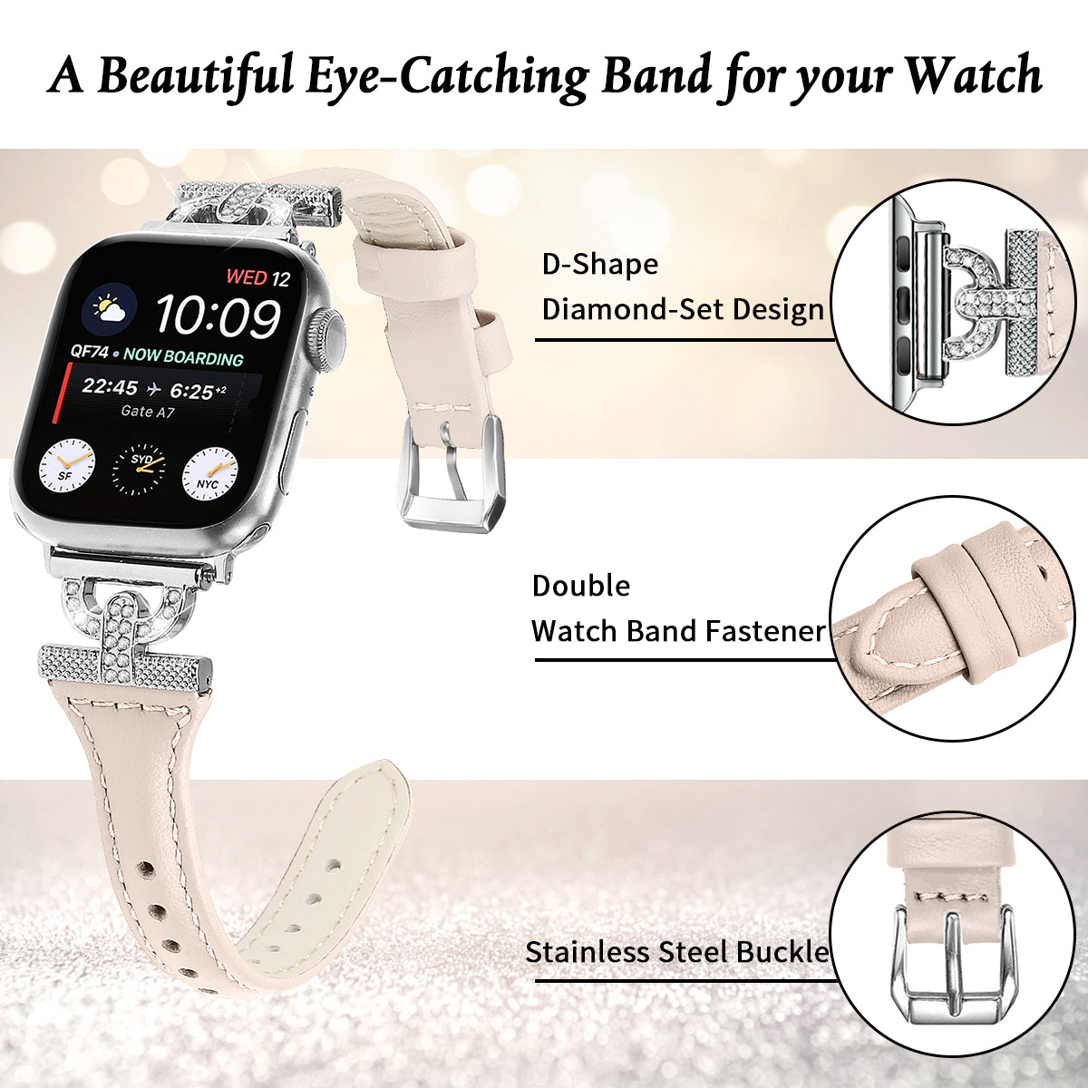 Genuine Cow Leather Watch Band for Apple Watch Series 9 8 7 41mm 6 5 4 SE SE (2022) SE (2023) 40mm Series 3 2 1 38mm Silver Buckle Rhinestone Decor Strap