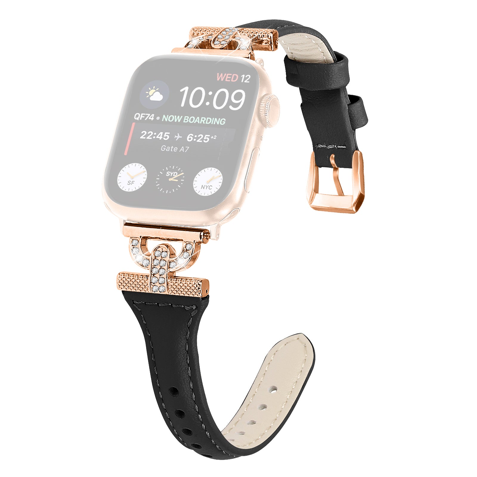 Watch Band for Apple Watch Ultra 2 49mm Series 9 45mm SE (2023) 44mm Ultra 49mm 8 7 45mm 6 5 4 SE (2022) SE 44mm 3 2 1 42mm Rhinestone Decor Genuine Cow Leather Strap with Rose Gold Buckle