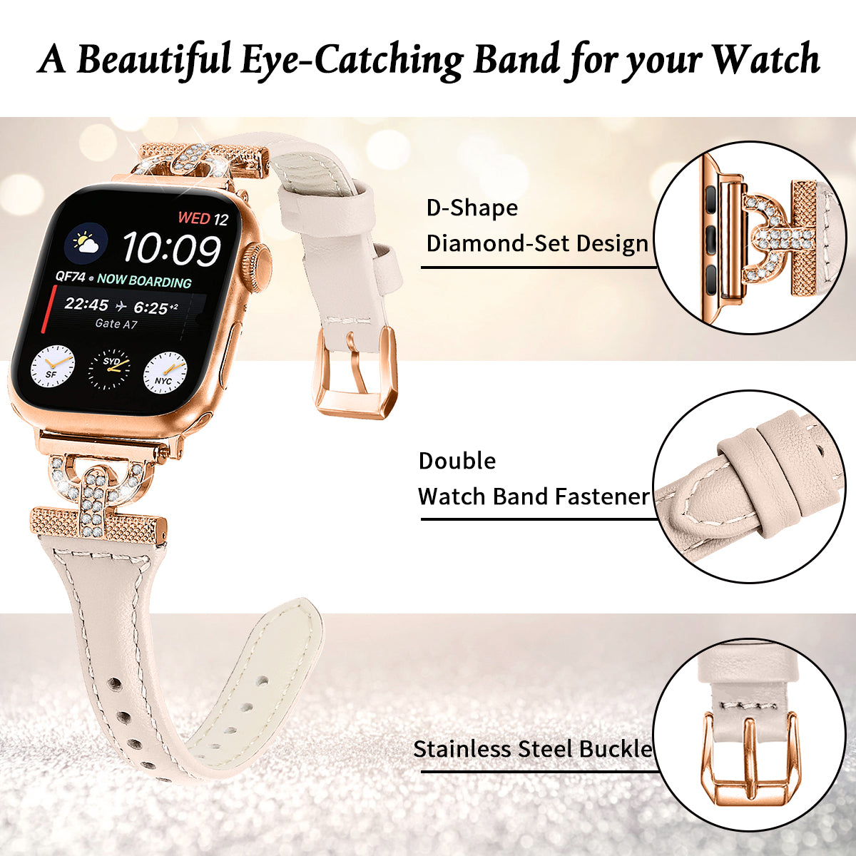 Watch Band for Apple Watch Ultra 2 49mm Series 9 45mm SE (2023) 44mm Ultra 49mm 8 7 45mm 6 5 4 SE (2022) SE 44mm 3 2 1 42mm Rhinestone Decor Genuine Cow Leather Strap with Rose Gold Buckle