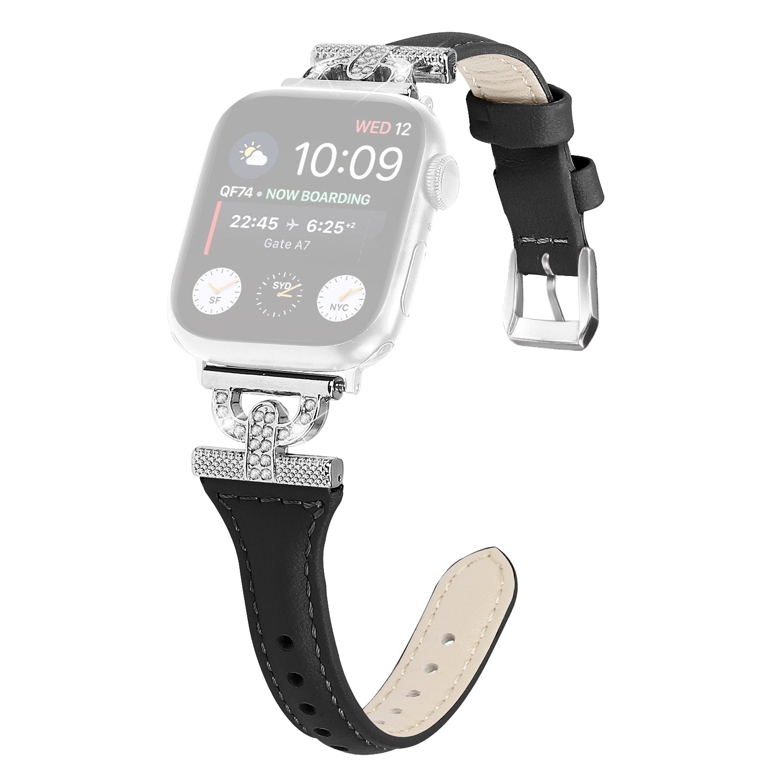 Silver Buckle Watch Band for Apple Watch Ultra 2 49mm Series 9 45mm SE (2023) 44mm Ultra 49mm 8 7 45mm 6 5 4 SE (2022) SE 44mm 3 2 1 42mm Rhinestone Decor Genuine Cow Leather Strap