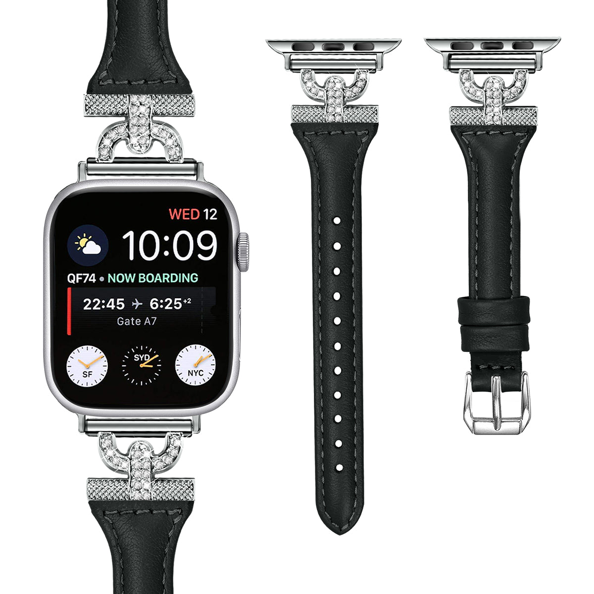 Silver Buckle Watch Band for Apple Watch Ultra 2 49mm Series 9 45mm SE (2023) 44mm Ultra 49mm 8 7 45mm 6 5 4 SE (2022) SE 44mm 3 2 1 42mm Rhinestone Decor Genuine Cow Leather Strap