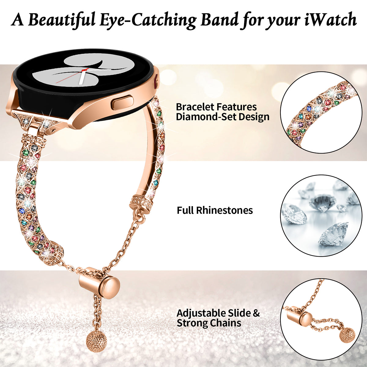 20mm Watch Band for Samsung Galaxy Watch 6 40mm 44mm Rhinestone Decor Bracelet Copper Wristband Strap