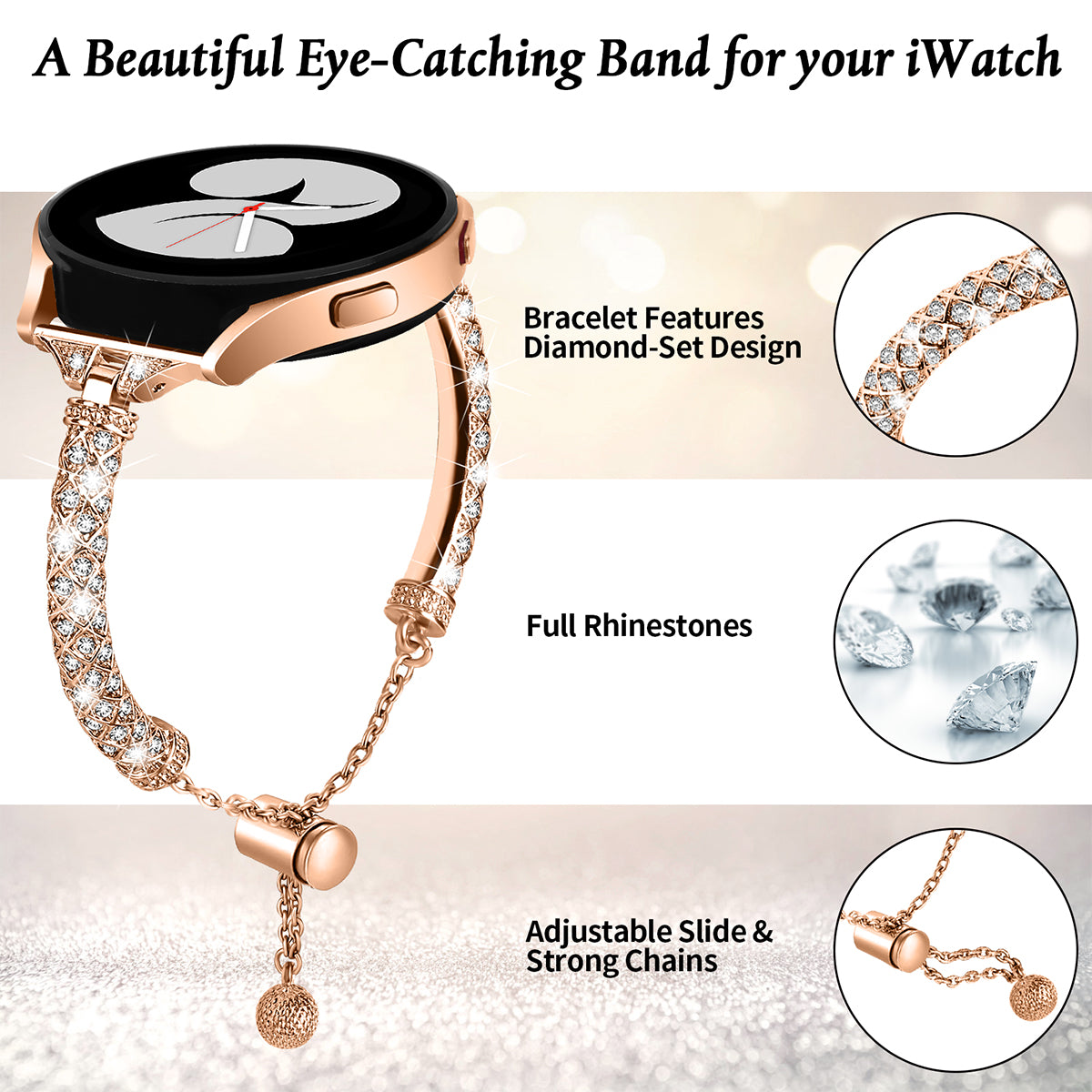 20mm Watch Band for Samsung Galaxy Watch6 40mm 44mm Watch6 Classic 43mm 47mm Watch 5 40mm 44mm Watch4 40mm 44mm Rhinestone Decor Copper Bracelet