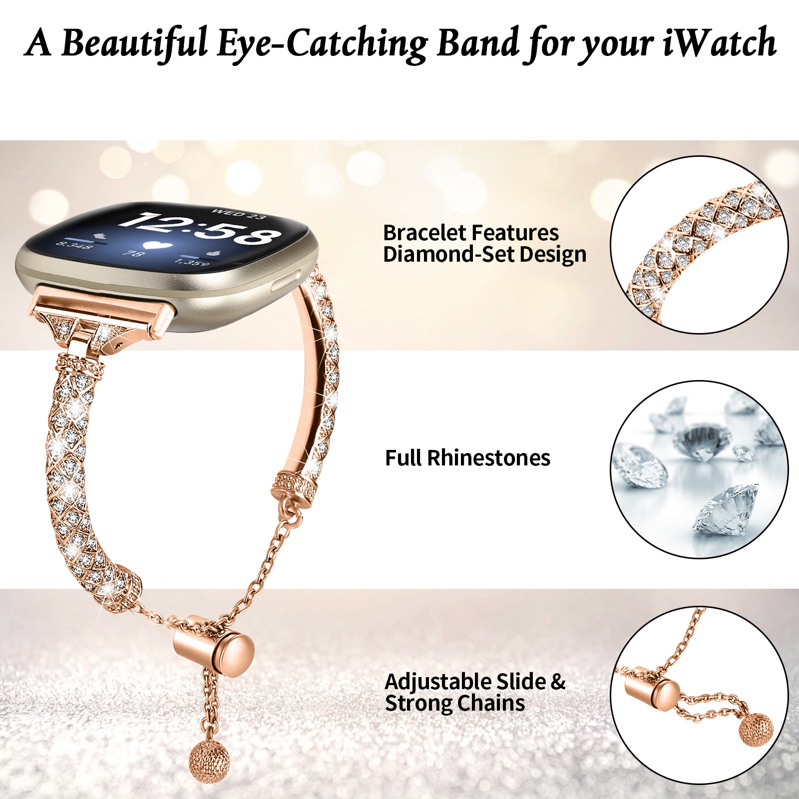 For Fitbit Versa 4 Sense 2 Bracelets Band Rhinestone Decor Bling Chain Copper Watch Strap