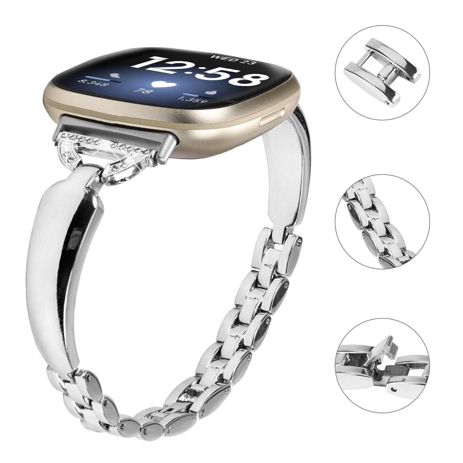 For Fitbit Versa 4 Sense 2 Watch Band D-shaped Rhinestone Decor Dressy Copper Bracelet Strap