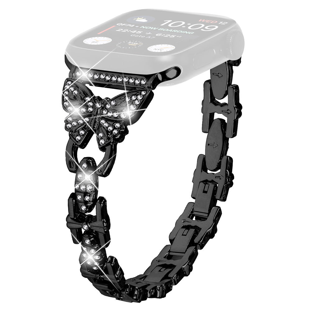Stainless Steel Watch Band for Apple Watch Ultra 2 49mm Series 9 45mm SE (2023) 44mm Ultra 49mm 8 7 45mm 6 5 4 SE (2022) SE 44mm 3 2 1 42mm Butterfly Rhinestone Decor Bracelet Strap