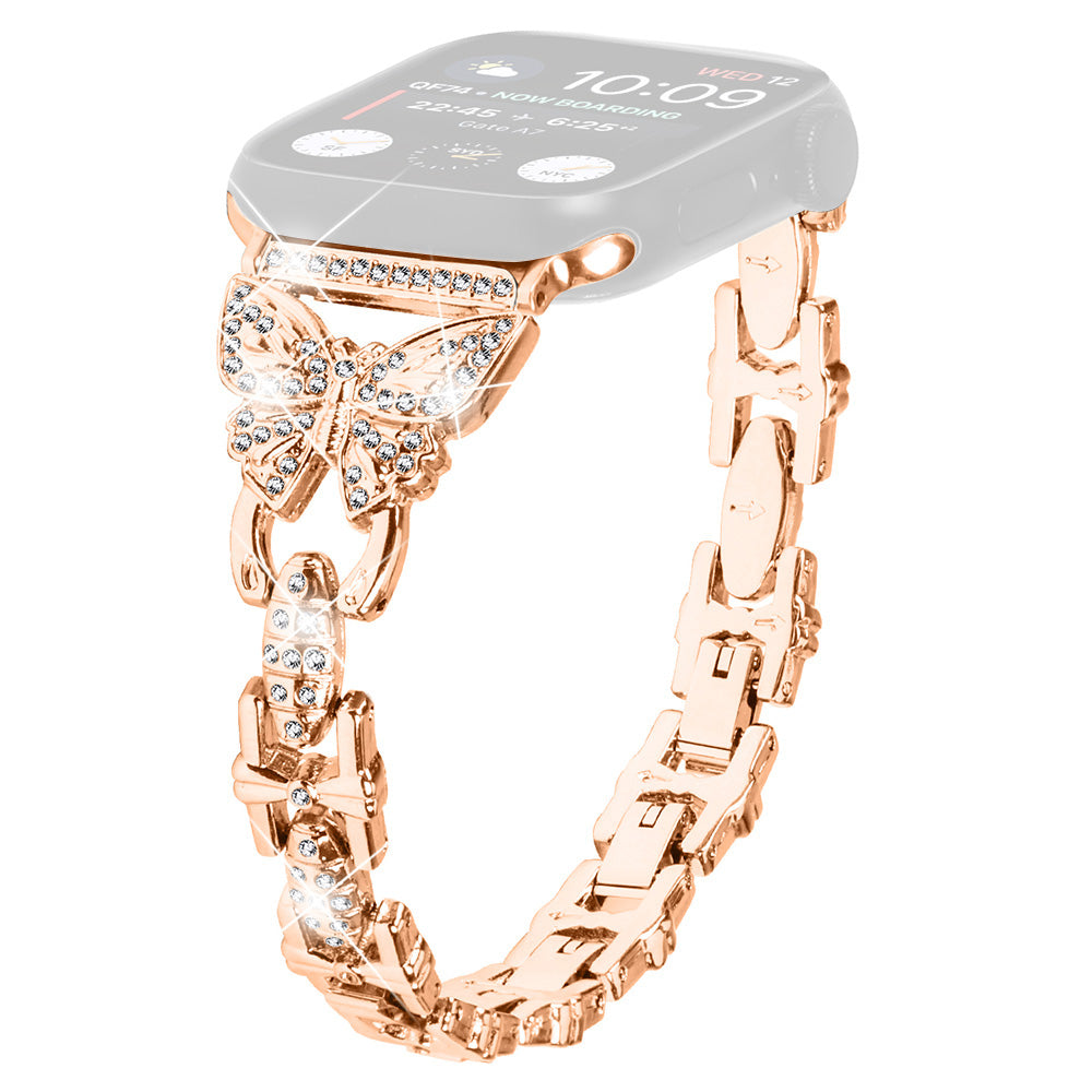 Stainless Steel Watch Band for Apple Watch Ultra 2 49mm Series 9 45mm SE (2023) 44mm Ultra 49mm 8 7 45mm 6 5 4 SE (2022) SE 44mm 3 2 1 42mm Butterfly Rhinestone Decor Bracelet Strap