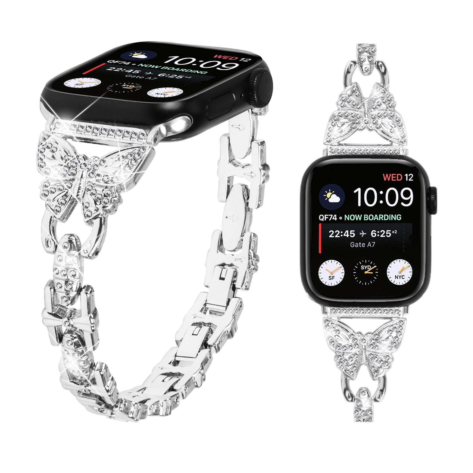 Stainless Steel Watch Band for Apple Watch Ultra 2 49mm Series 9 45mm SE (2023) 44mm Ultra 49mm 8 7 45mm 6 5 4 SE (2022) SE 44mm 3 2 1 42mm Butterfly Rhinestone Decor Bracelet Strap