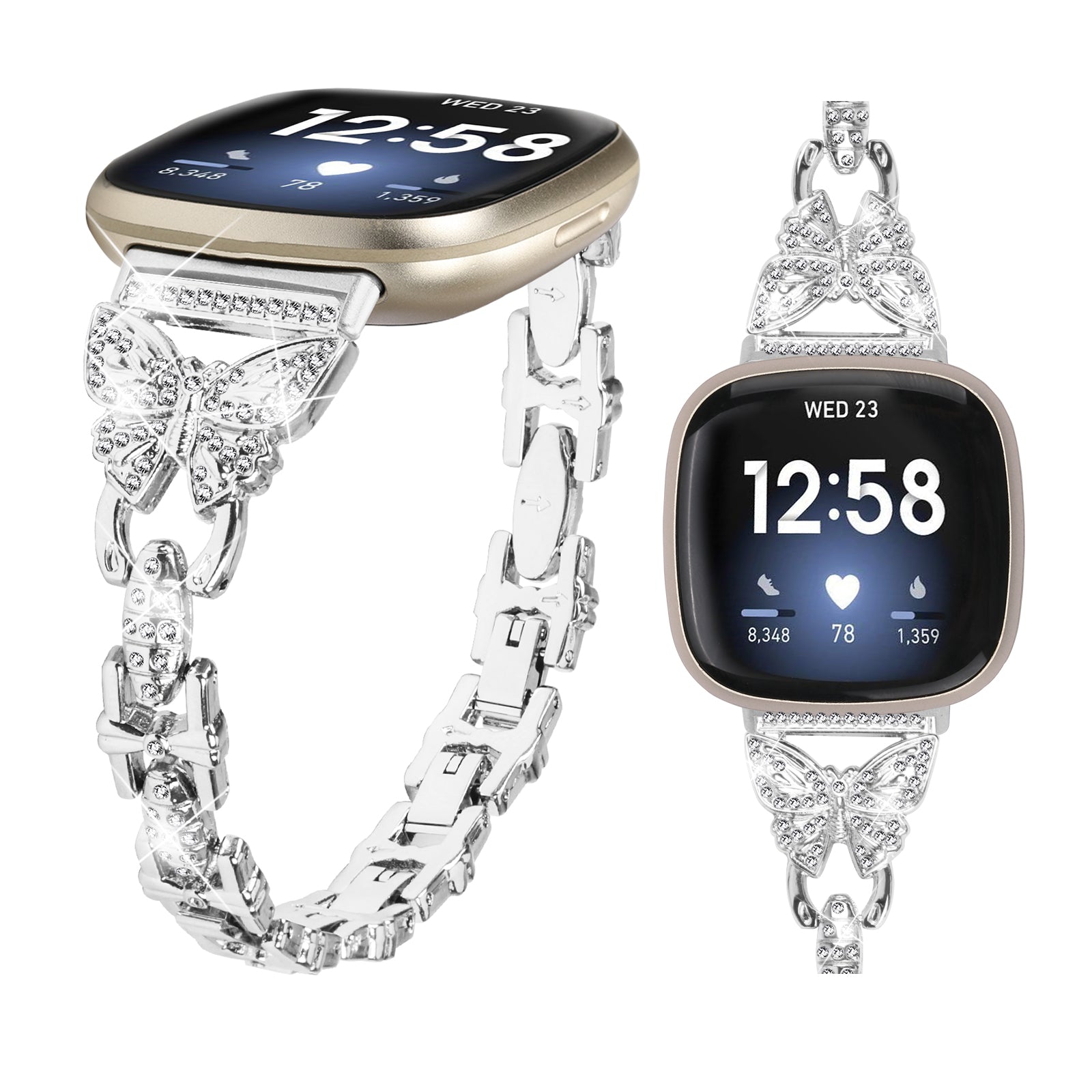 For Fitbit Versa 4 Sense 2 Bling Watch Band Stainless Steel Butterfly Rhinestone Decor Strap