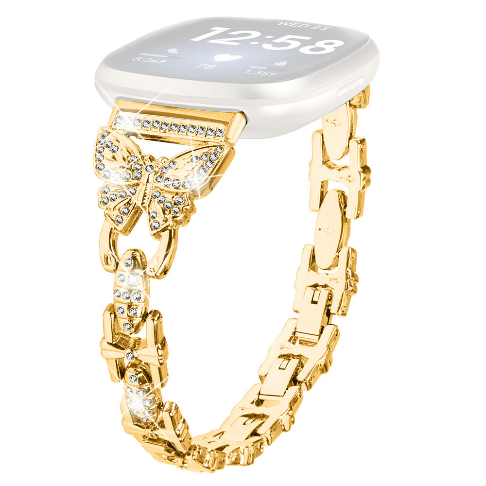 For Fitbit Versa 3 Sense Stainless Steel Bracelet Butterfly Rhinestone Decor Watch Band