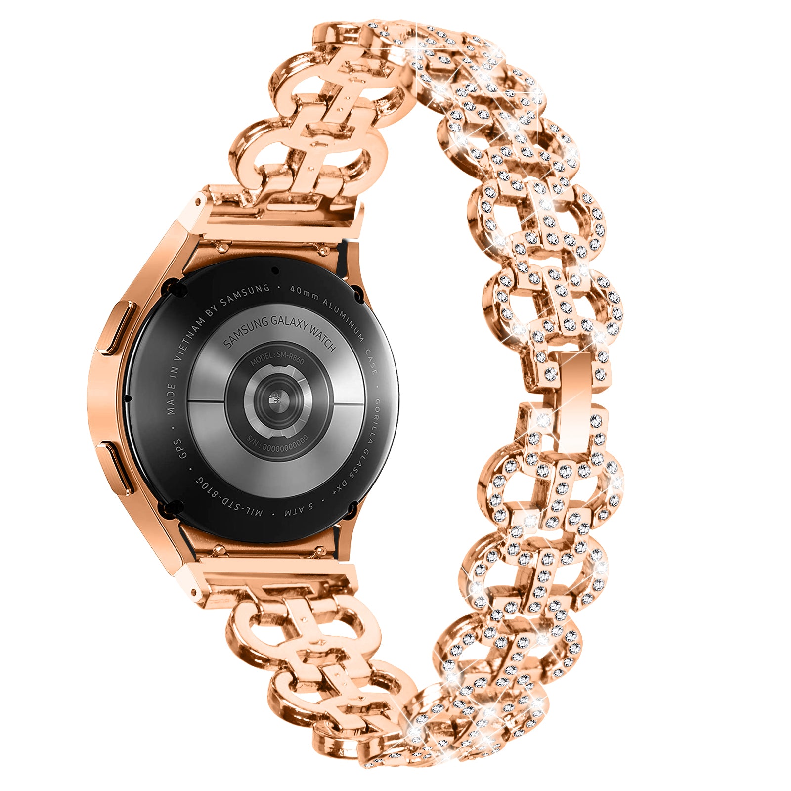 For Samsung Galaxy Watch6 40 44mm Rhinestone Metal Watch Strap Hollow Breathable Watchband with Connector