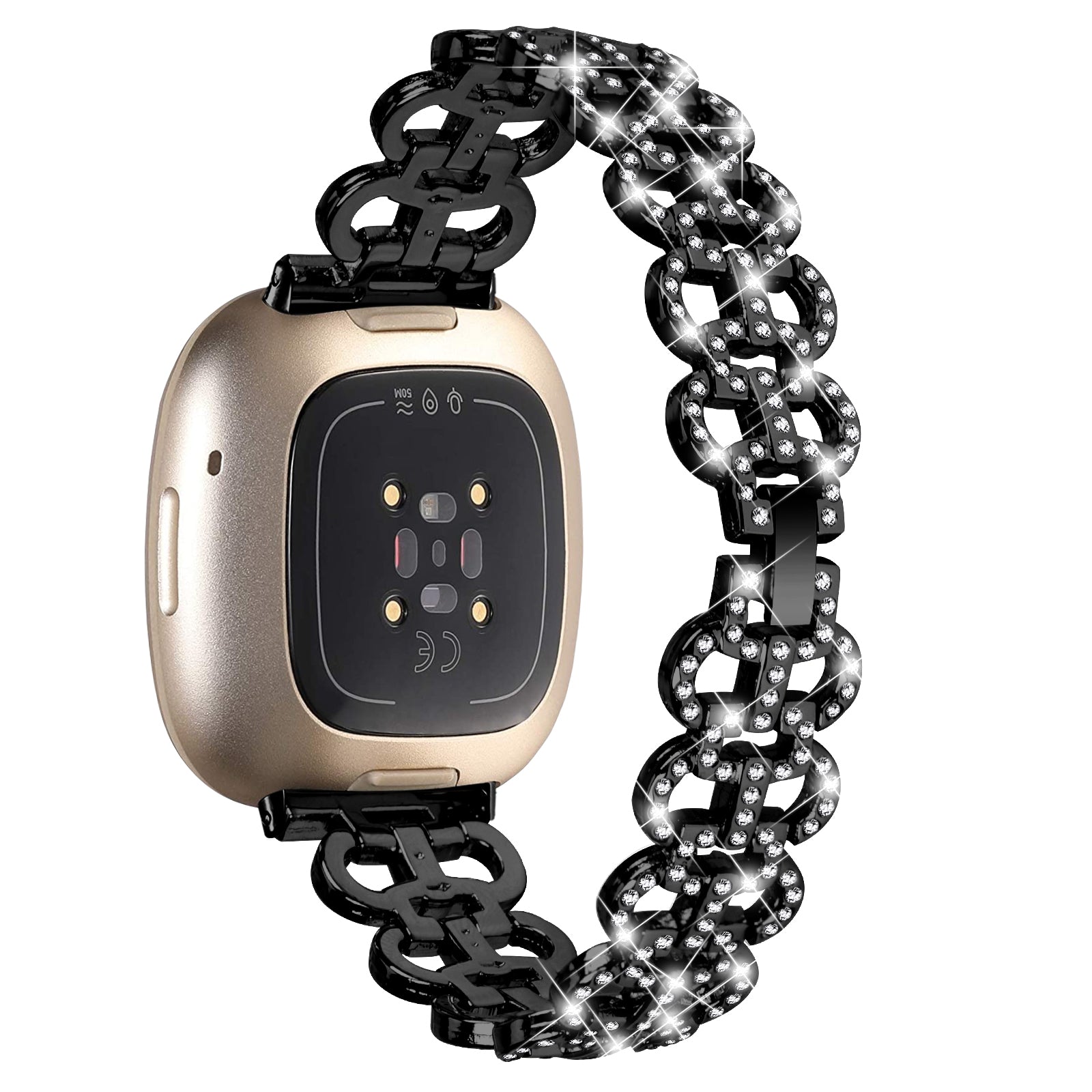 For Fitbit Versa 3 Sense Rhinestones Decor Zinc Alloy Replace Strap Gourd Shape Watch Band