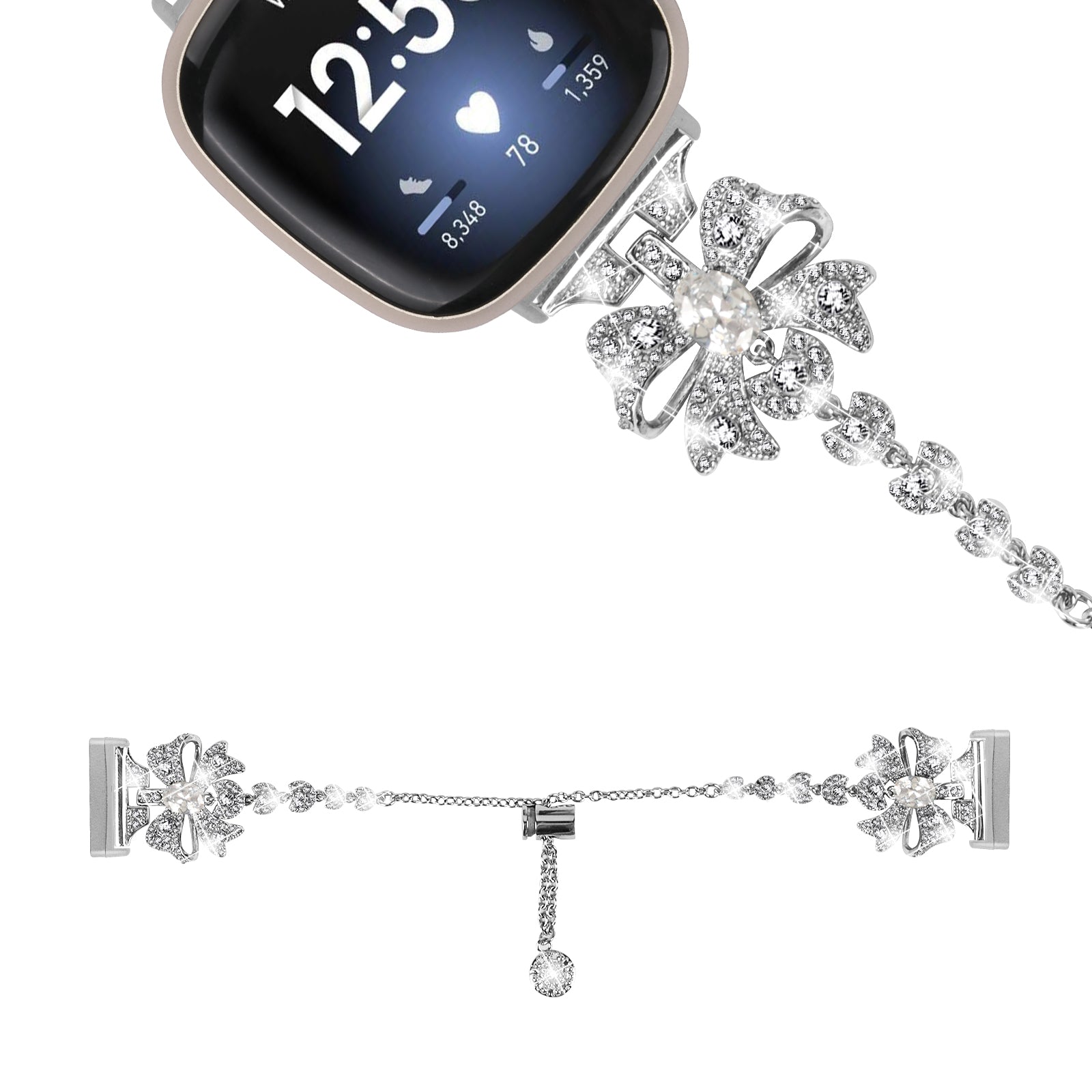 For Fitbit Versa 3 Sense Rhinestone Bowknot Stainless Steel Strap Adjustable Bracelet Watch Band