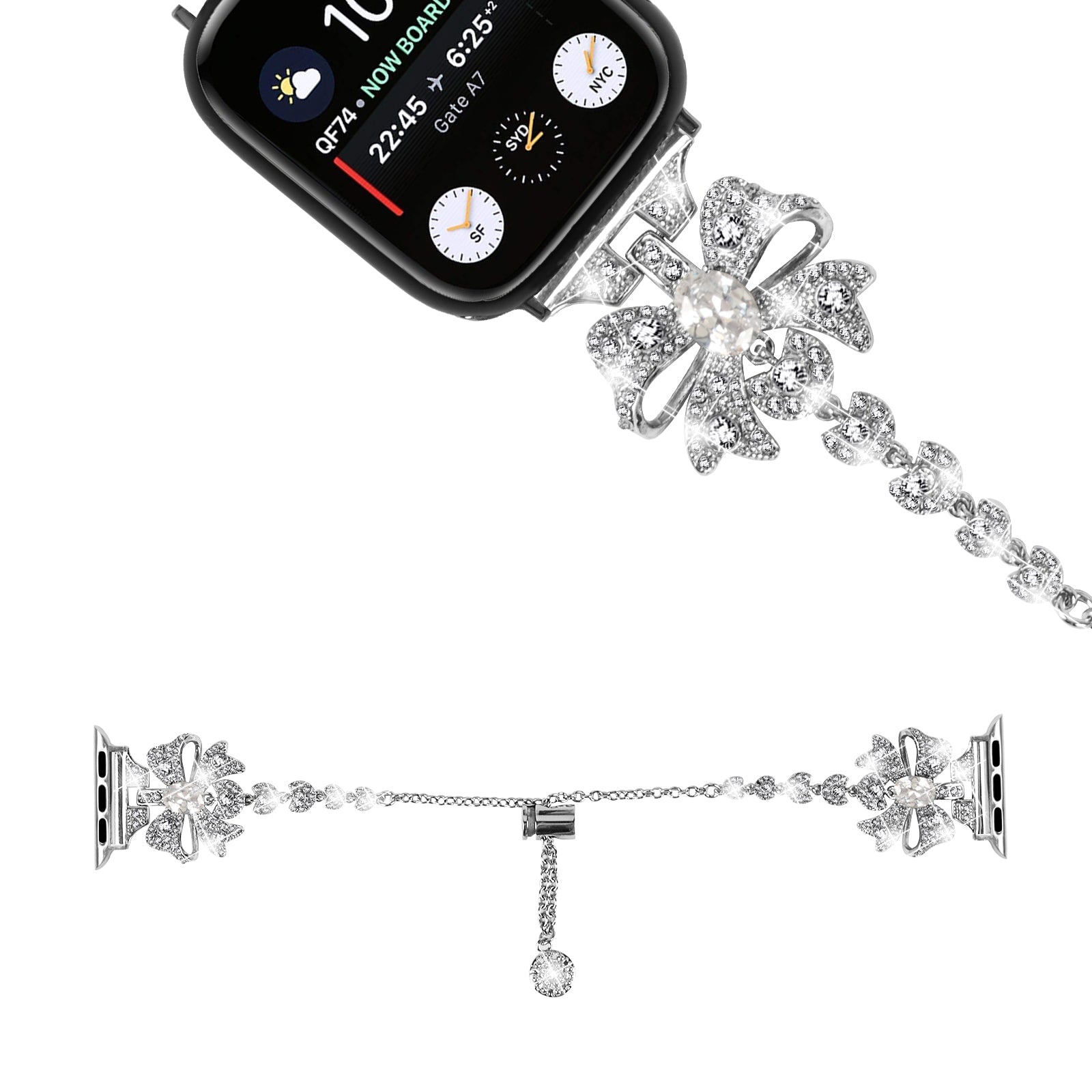For Apple Watch Ultra 2 49mm Series 9 45mm SE (2023) 44mm Ultra 49mm 8 7 45mm 6 5 4 SE (2022) SE 44mm 3 2 1 42mm Stainless Steel Watch Band Rhinestone Bowknot Strap