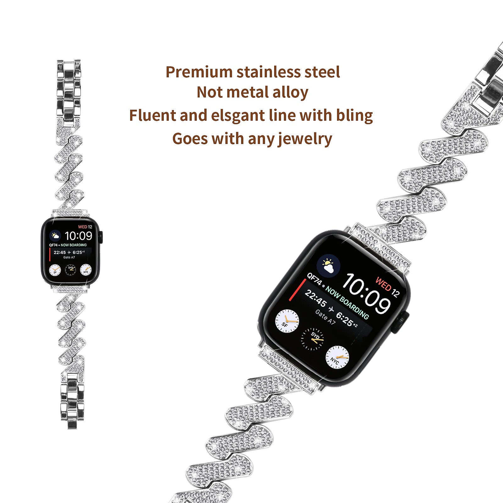 For Fitbit Versa 4 Sense 2 Rhinestones Decor Watch Band Zinc Alloy Wrist Strap with Stainless Steel Buckle