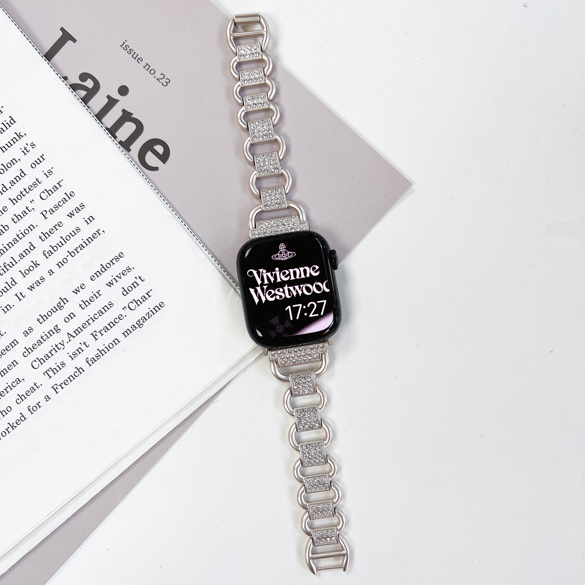 For Apple Watch Ultra 2 49mm Series 9 45mm SE (2023) 44mm Ultra 49mm 8 7 45mm 6 5 4 SE (2022) SE 44mm 3 2 1 42mm AW Metal Watch Strap Rhinestone Decor Hollow Watchband