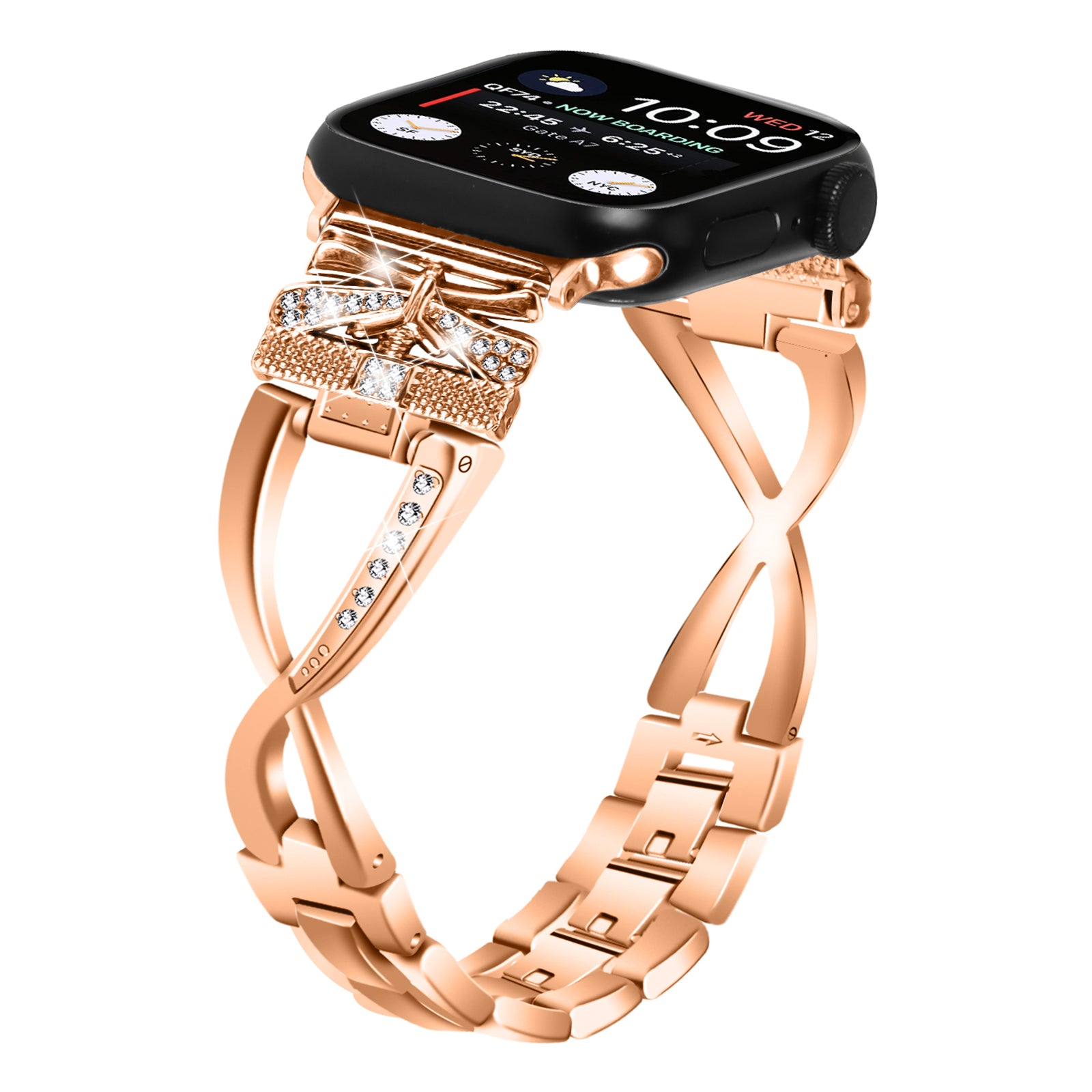 For Apple Watch Series 9 8 7 41mm 6 5 4 SE SE (2022) SE (2023) 40mm 3 2 1 38mm Rhinestones Decor Crown X-shape Watch Strap Zinc Alloy Replace Band
