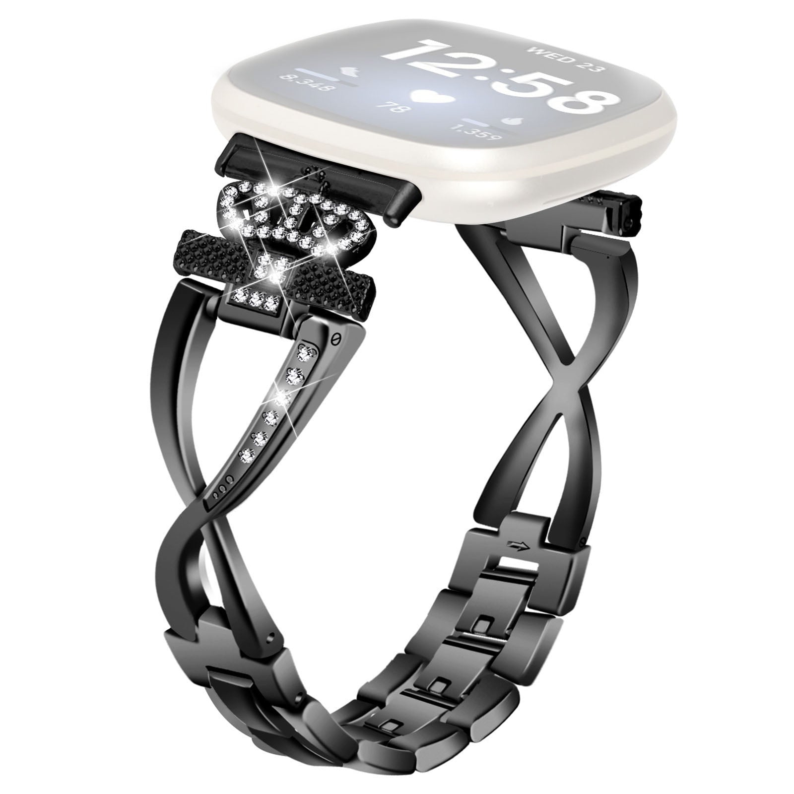 For Fitbit Versa 3 Sense Rhinestones Decor Crown X-shape Watch Band Zinc Alloy Replace Strap