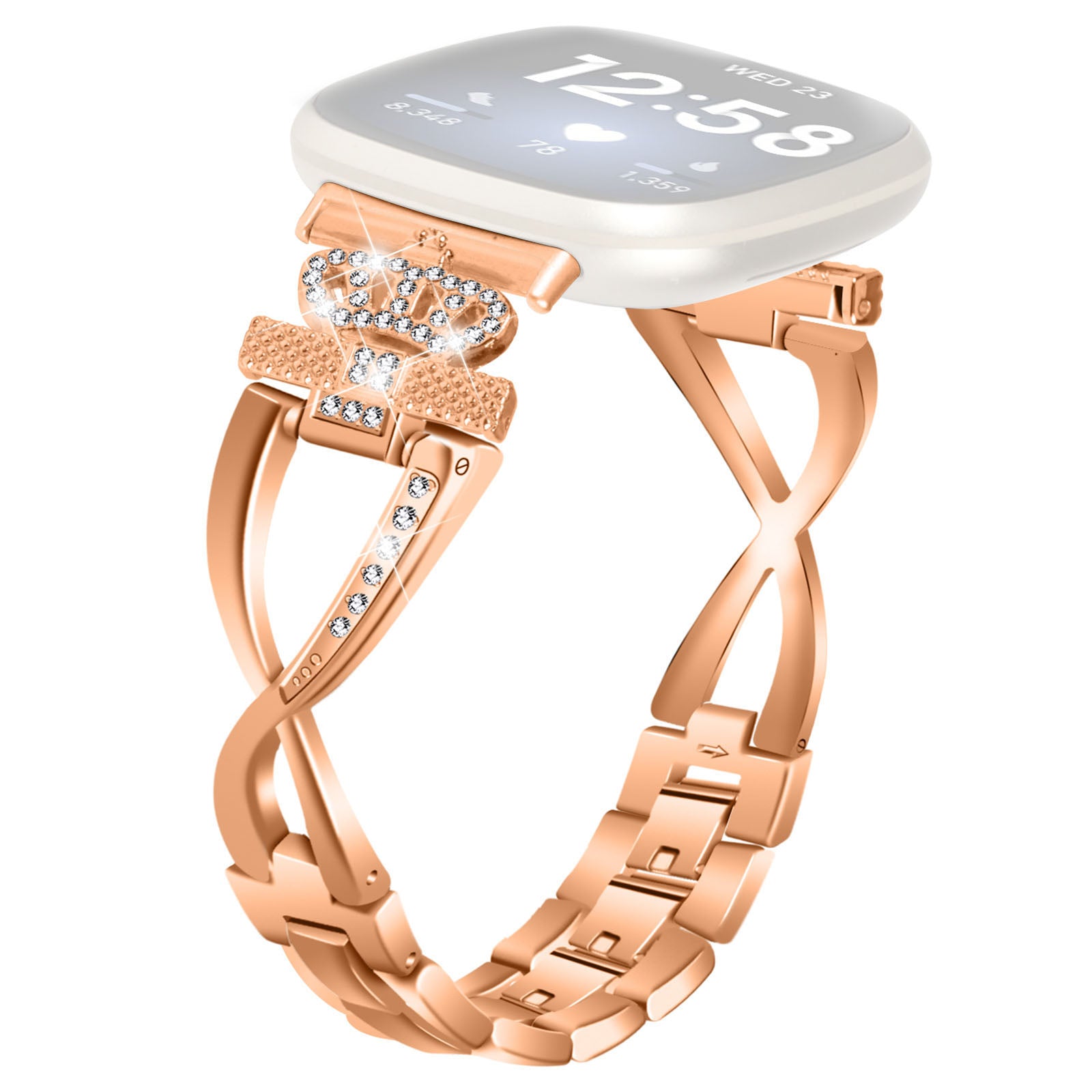 For Fitbit Versa 3 Sense Rhinestones Decor Crown X-shape Watch Band Zinc Alloy Replace Strap