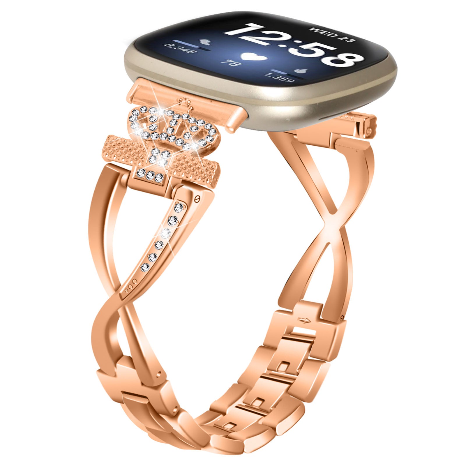 For Fitbit Versa 3 Sense Rhinestones Decor Crown X-shape Watch Band Zinc Alloy Replace Strap