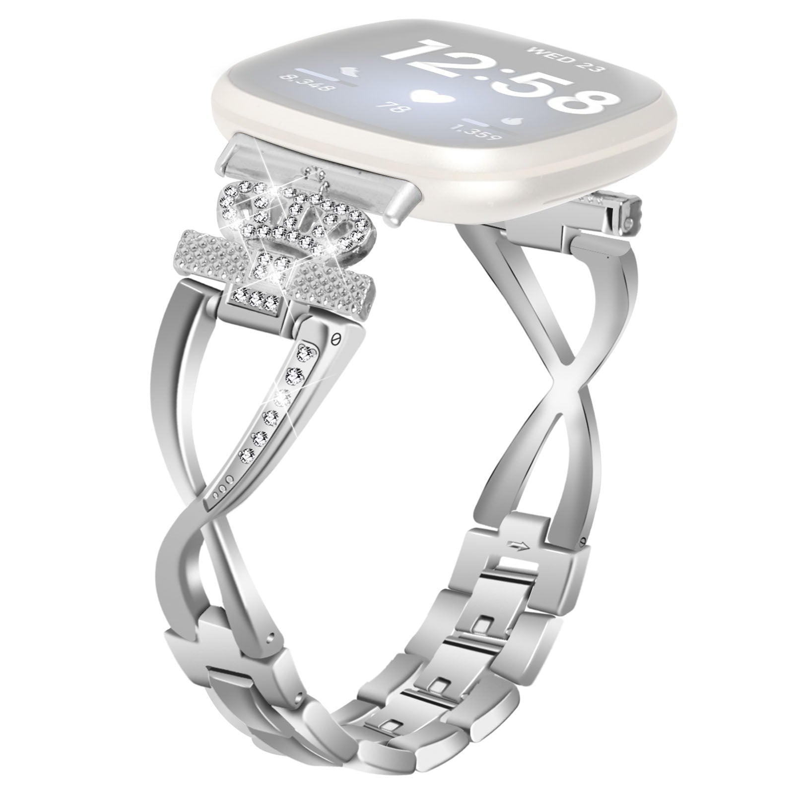 For Fitbit Versa 3 Sense Rhinestones Decor Crown X-shape Watch Band Zinc Alloy Replace Strap
