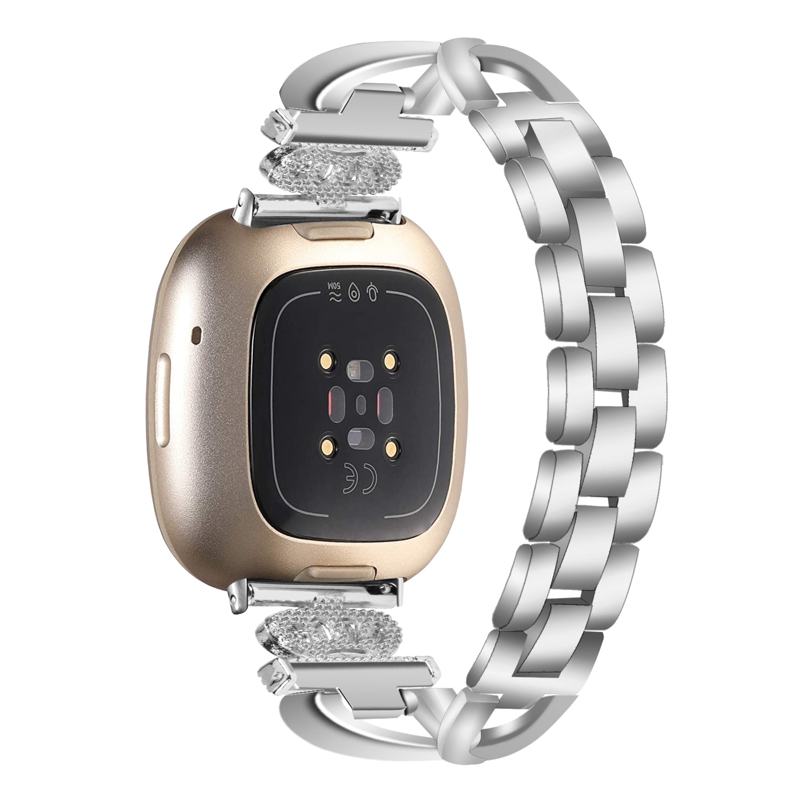 For Fitbit Versa 3 Sense Rhinestones Decor Crown X-shape Watch Band Zinc Alloy Replace Strap
