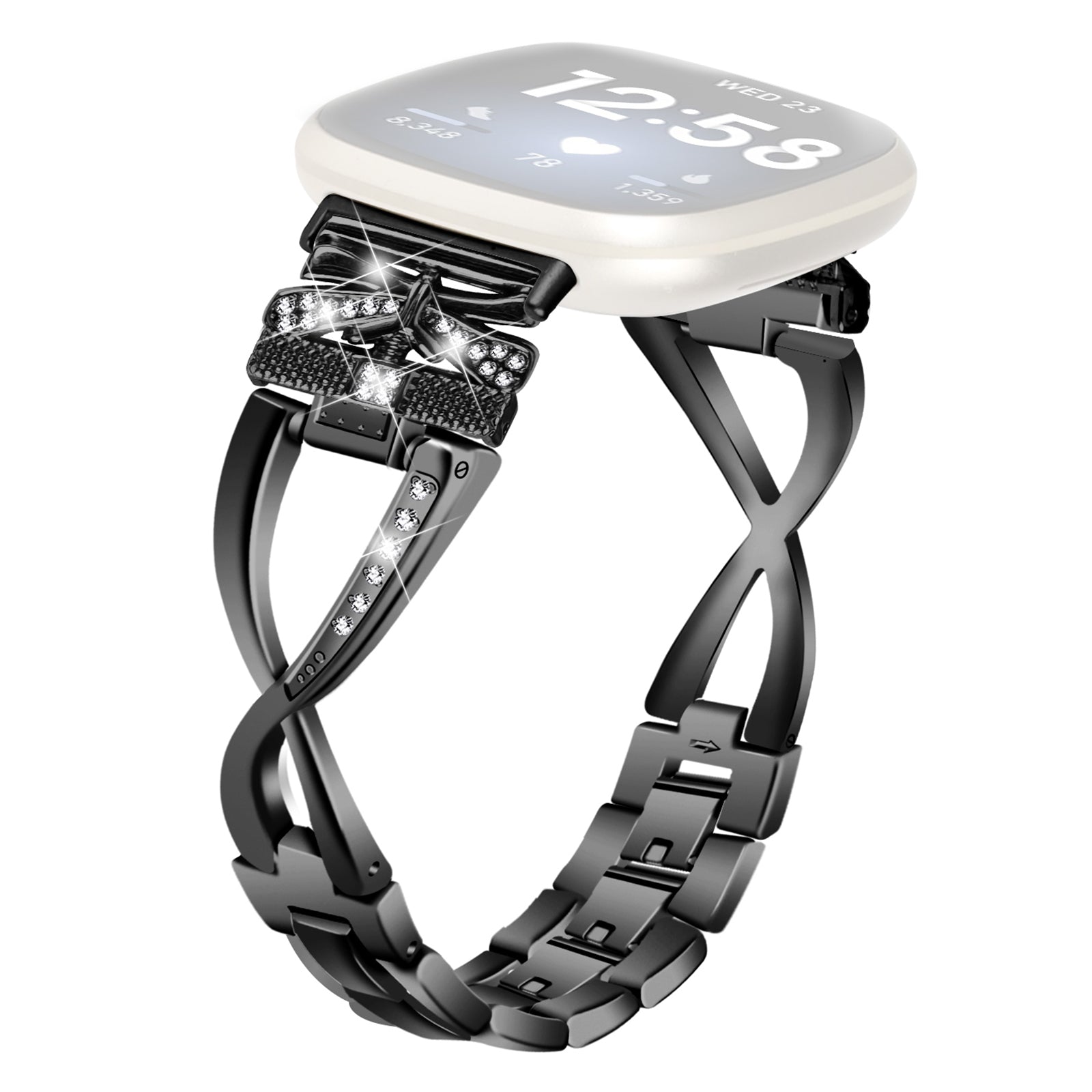 For Fitbit Versa 4 Sense 2 Zinc Alloy Strap Rhinestones Decor Crown X-shape Smartwatch Band