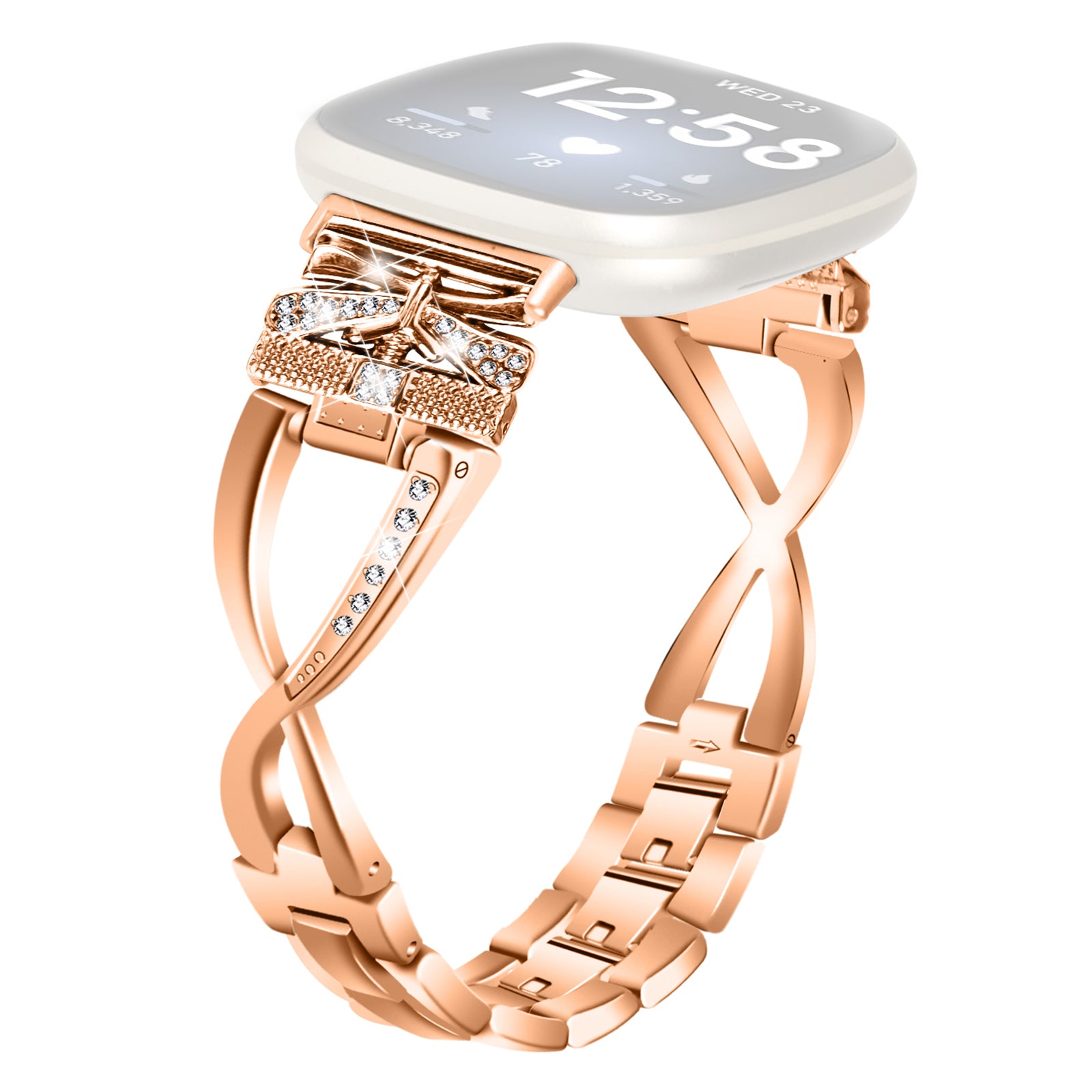 For Fitbit Versa 4 Sense 2 Zinc Alloy Strap Rhinestones Decor Crown X-shape Smartwatch Band