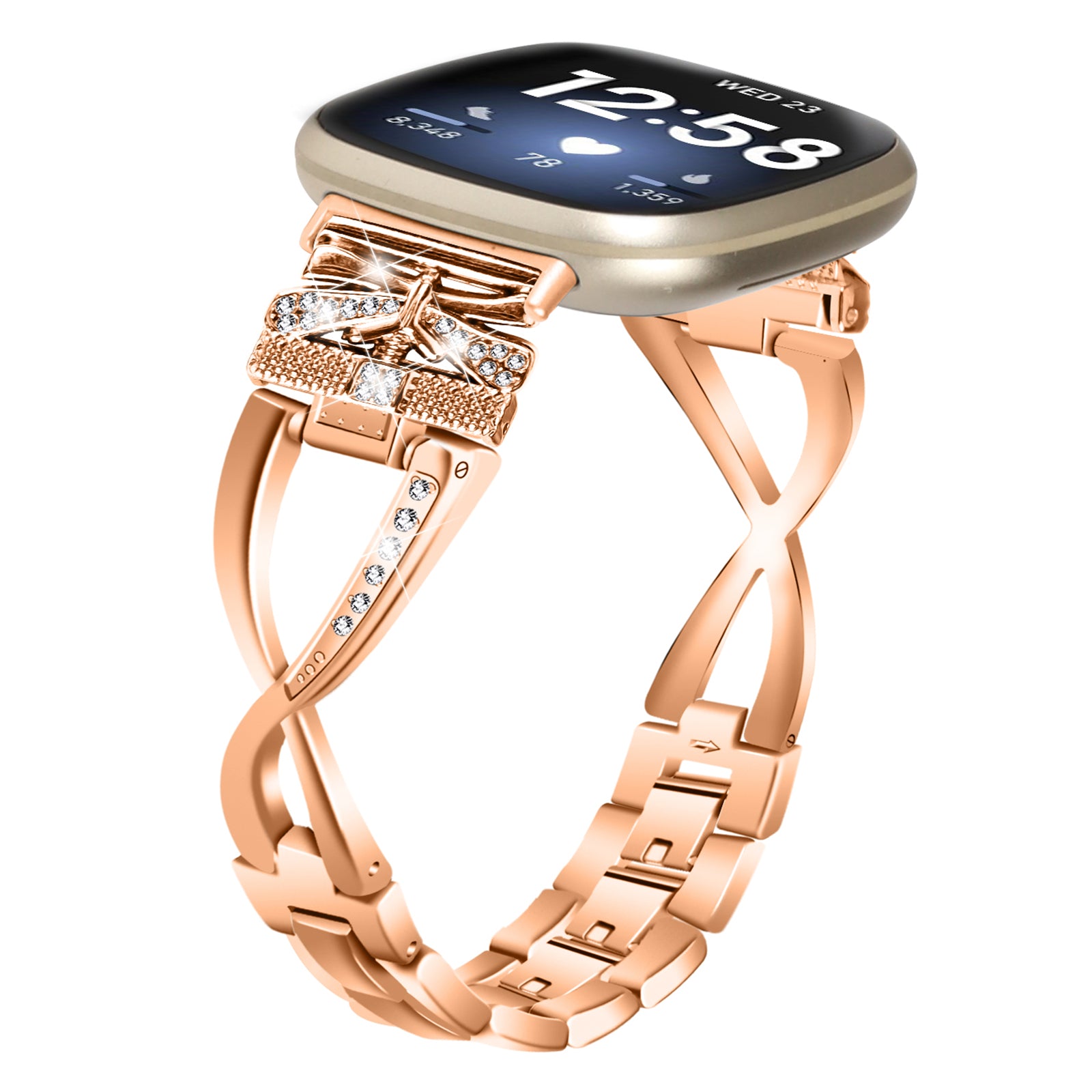 For Fitbit Versa 4 Sense 2 Zinc Alloy Strap Rhinestones Decor Crown X-shape Smartwatch Band