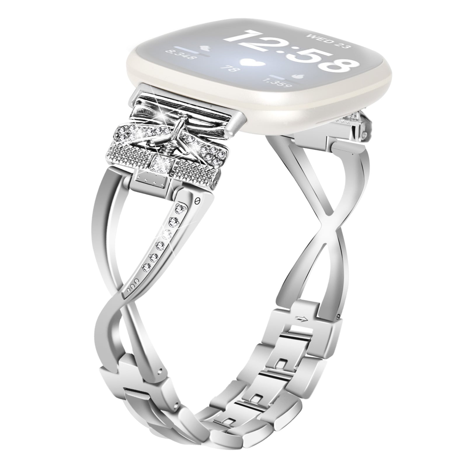 For Fitbit Versa 4 Sense 2 Zinc Alloy Strap Rhinestones Decor Crown X-shape Smartwatch Band