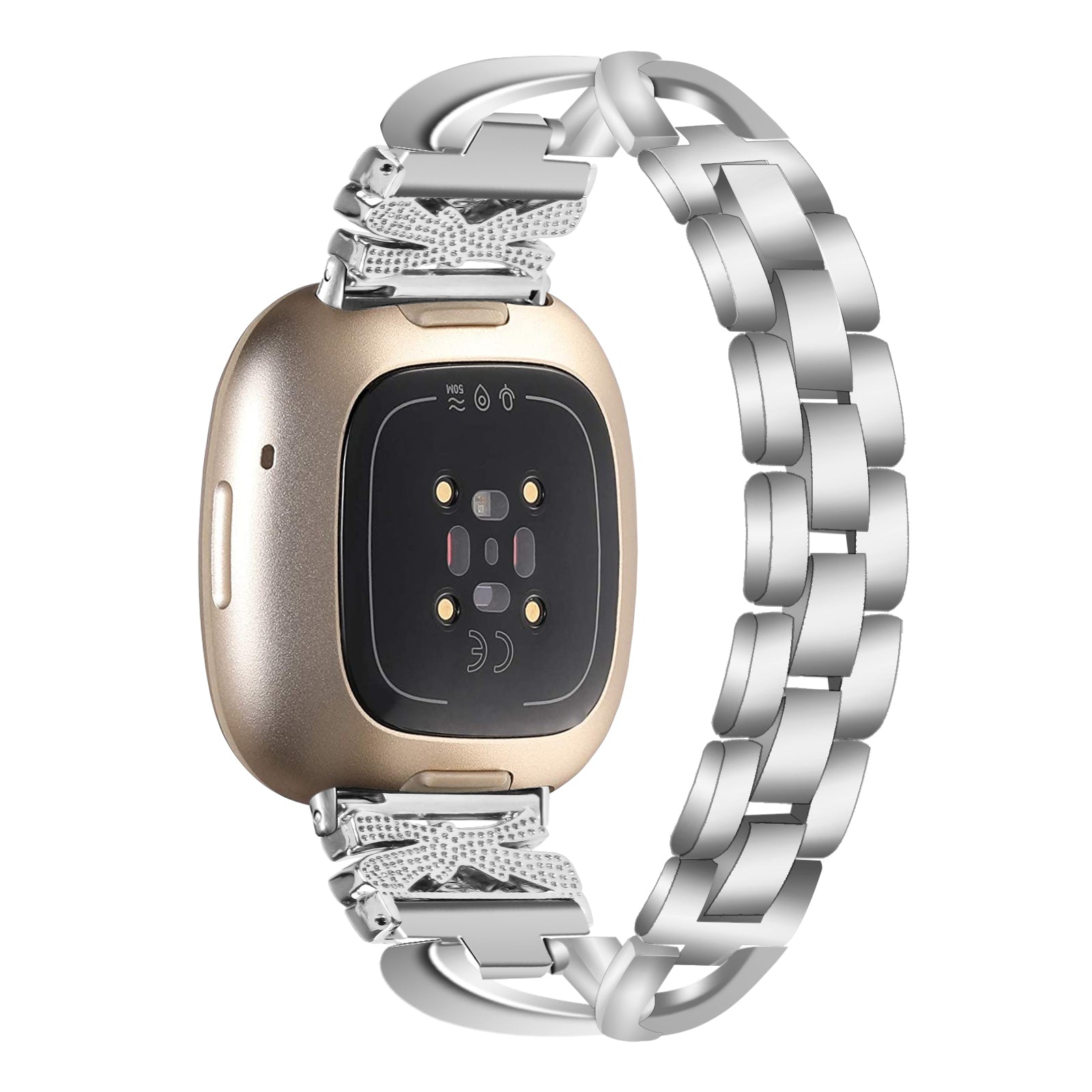For Fitbit Versa 4 Sense 2 Zinc Alloy Strap Rhinestones Decor Crown X-shape Smartwatch Band