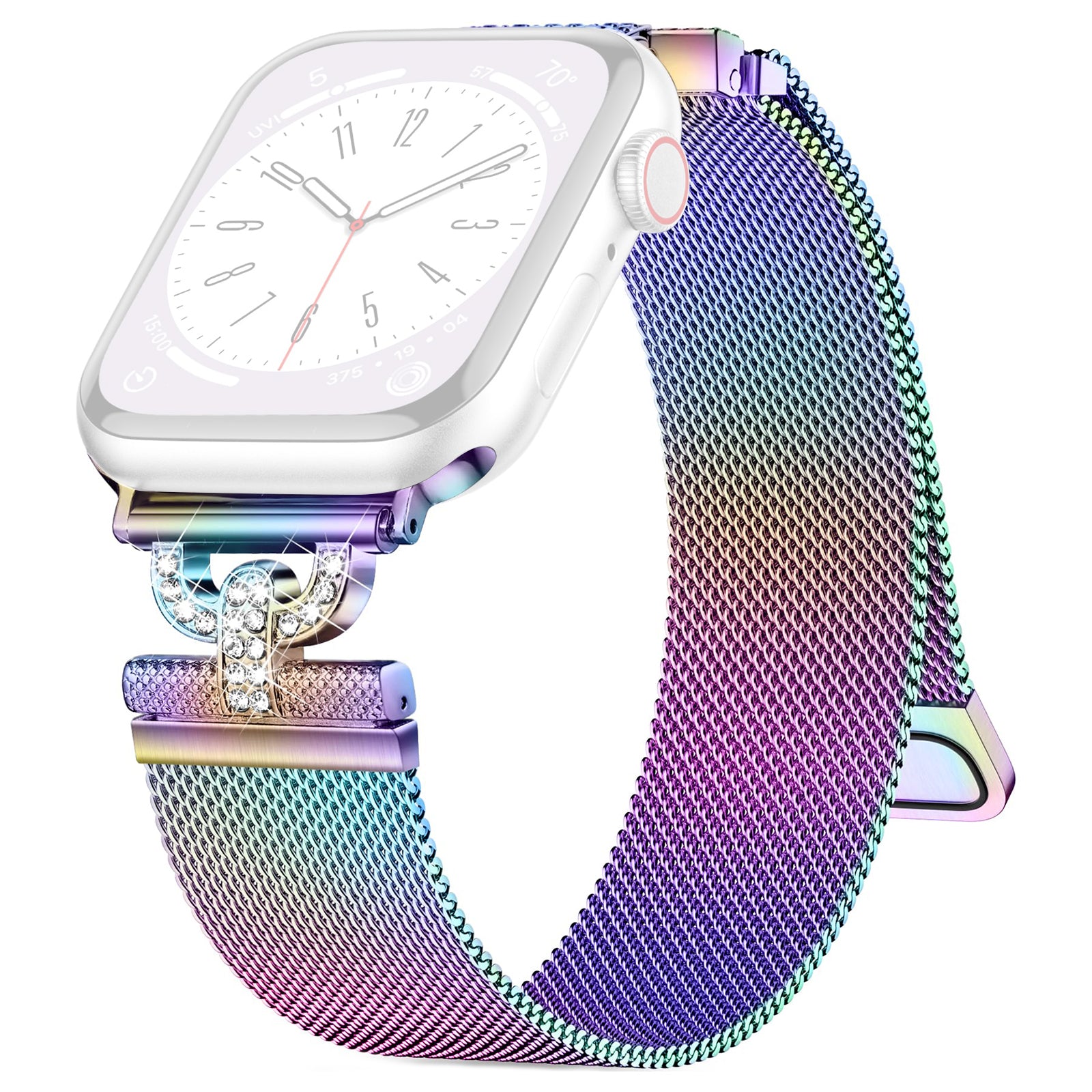 For Apple Watch Series 9 8 7 41mm 6 5 4 SE SE (2022) SE (2023) 40mm 3 2 1 38mm Magnetic Milanese Wrist Band Rhinestones D-shape Design Stainless Steel Strap