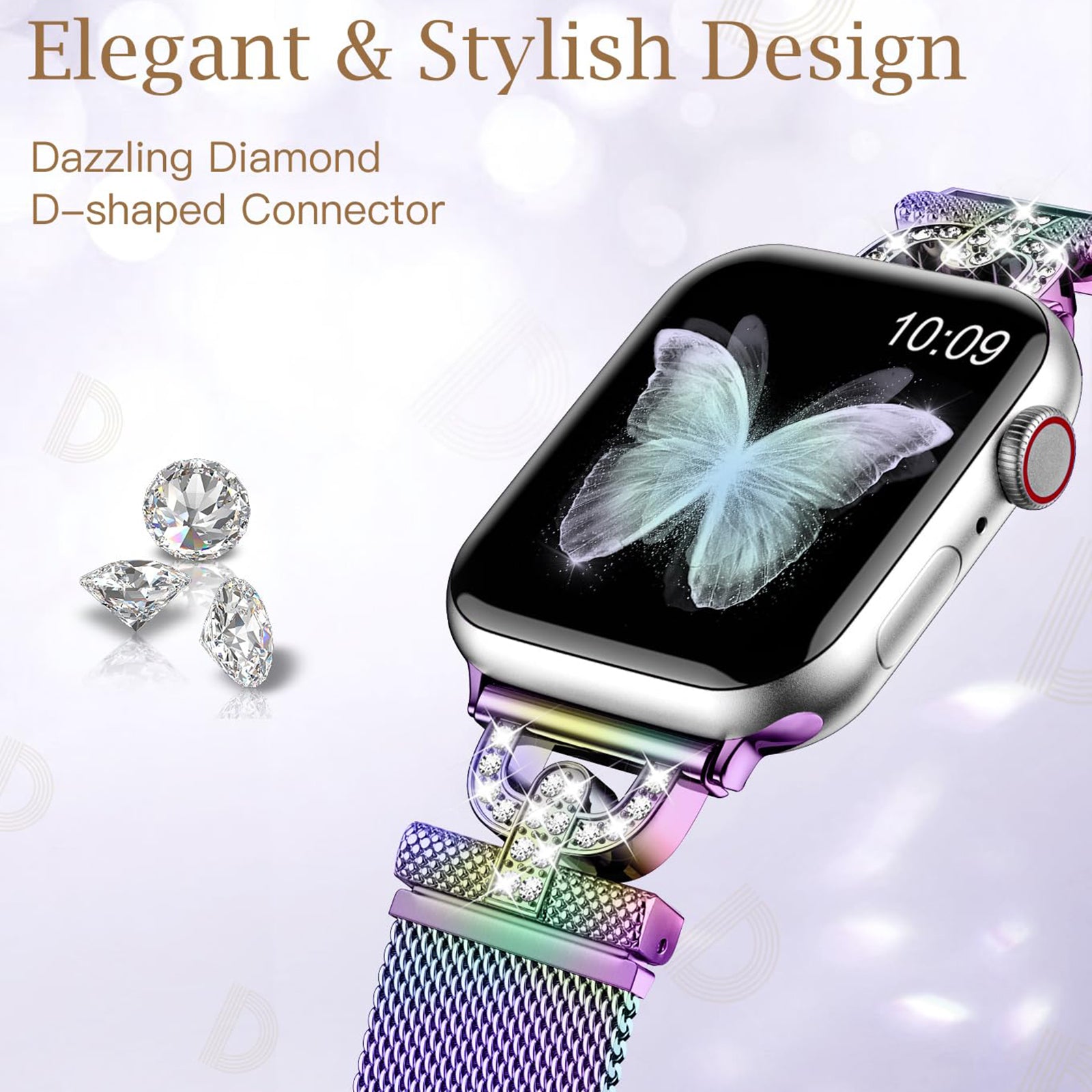 For Apple Watch Series 9 8 7 41mm 6 5 4 SE SE (2022) SE (2023) 40mm 3 2 1 38mm Magnetic Milanese Wrist Band Rhinestones D-shape Design Stainless Steel Strap