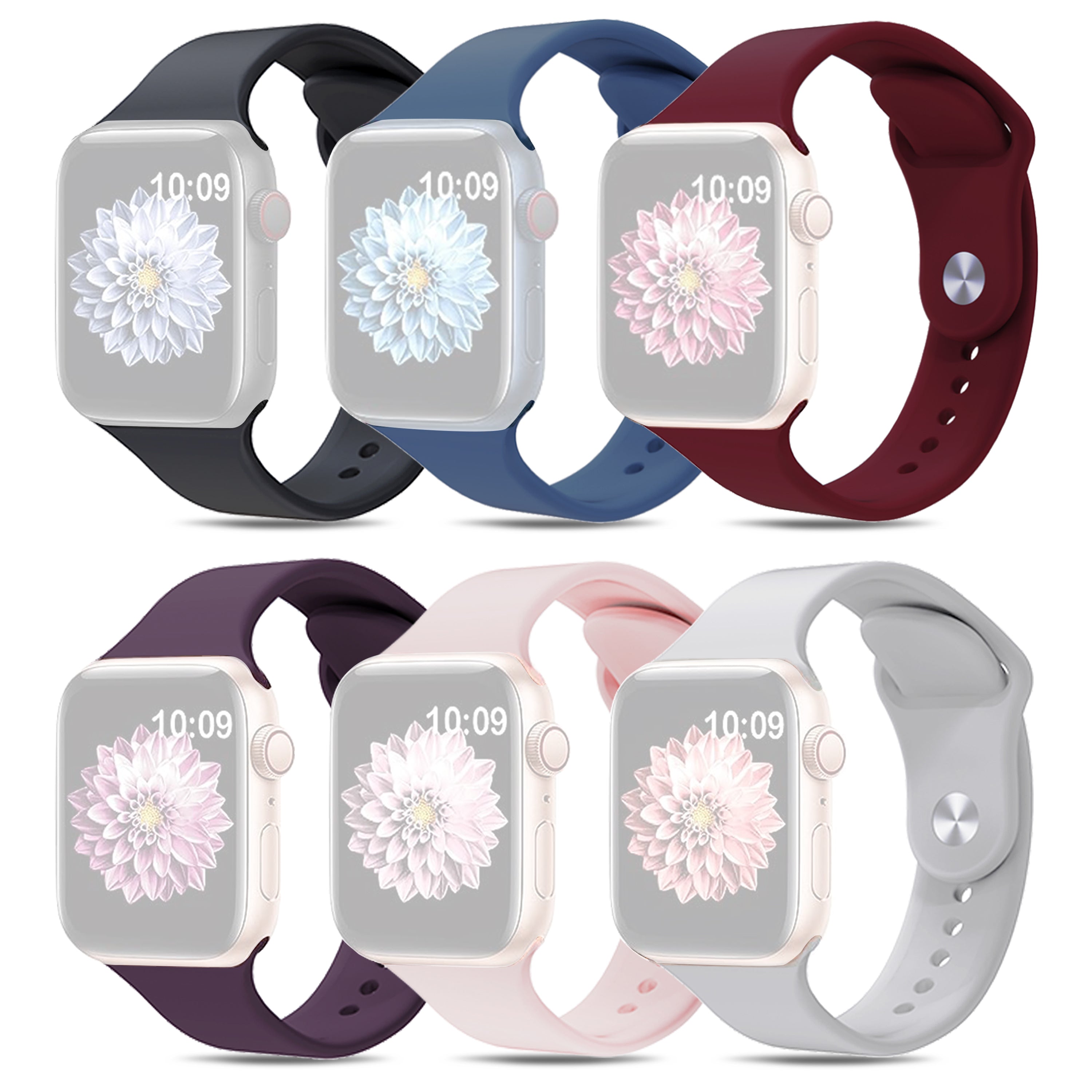 For Apple Watch 9 8 7 41mm SE SE (2022) SE (2023) 6 5 4 40mm 3 2 1 38mm AW 6pcs Adjustable Silicone Smart Watch Bands Size S M