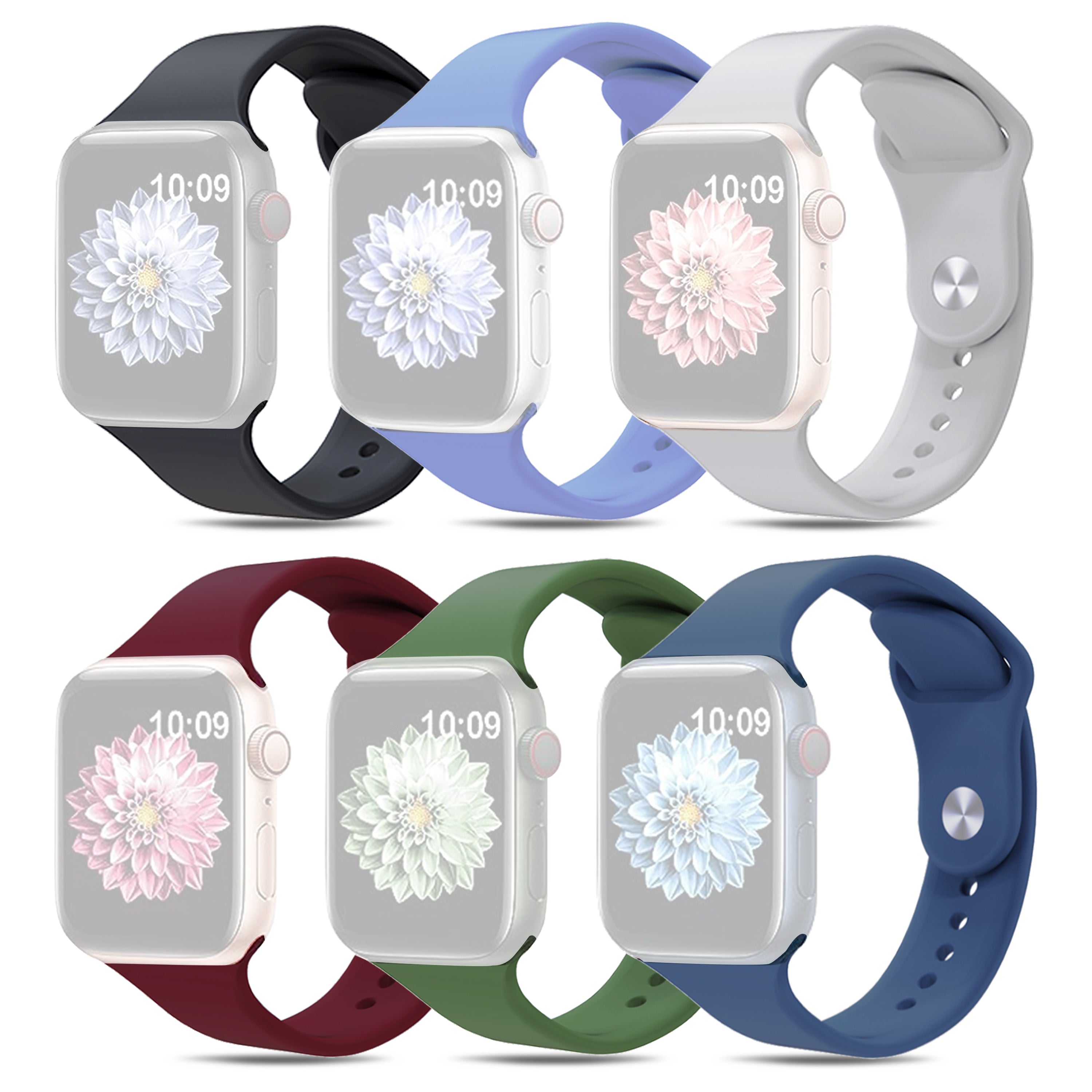 For Apple Watch 9 8 7 41mm SE SE (2022) SE (2023) 6 5 4 40mm 3 2 1 38mm AW 6pcs Adjustable Silicone Smart Watch Bands Size S M