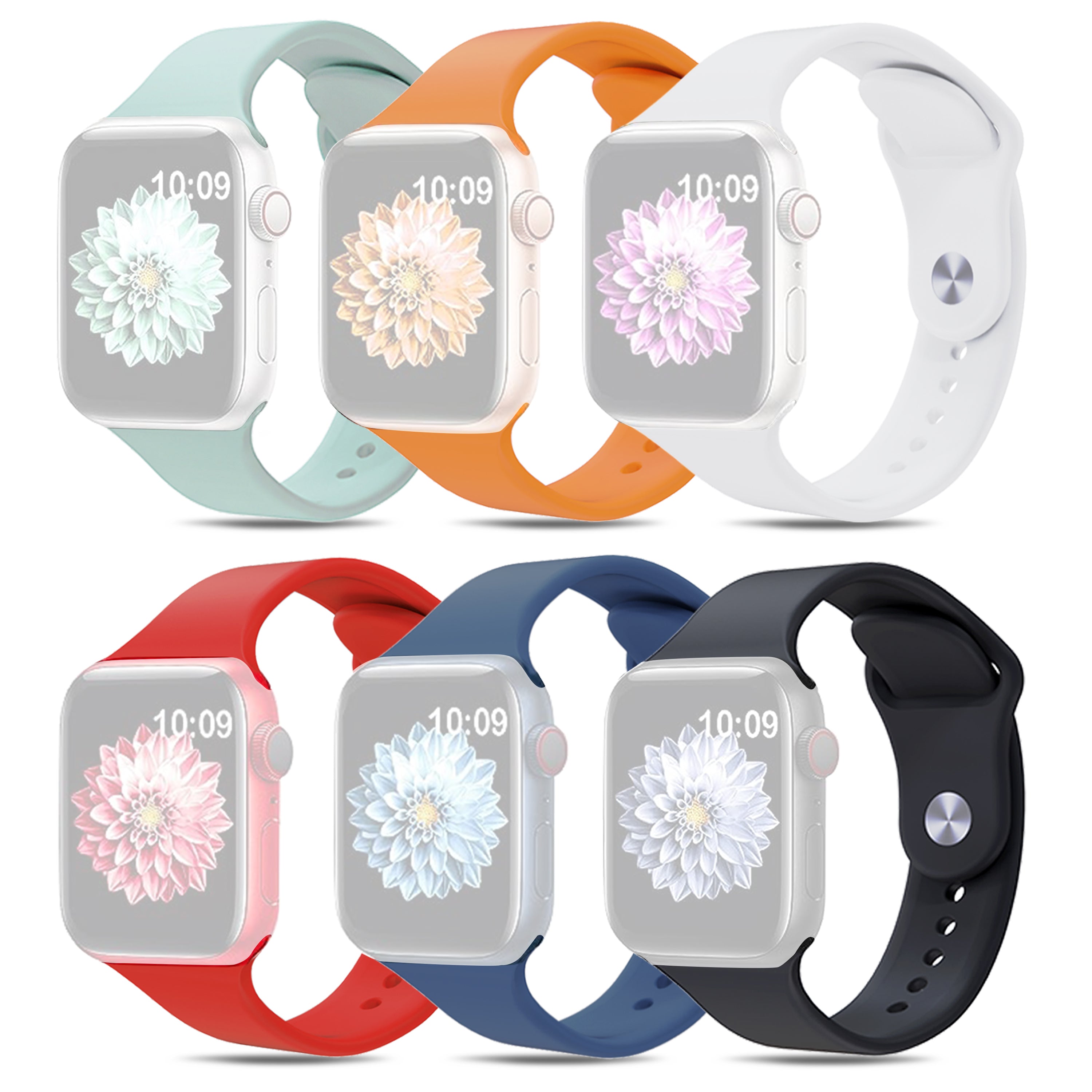 For Apple Watch 9 8 7 41mm SE SE (2022) SE (2023) 6 5 4 40mm 3 2 1 38mm AW 6pcs Adjustable Silicone Smart Watch Bands Size S M