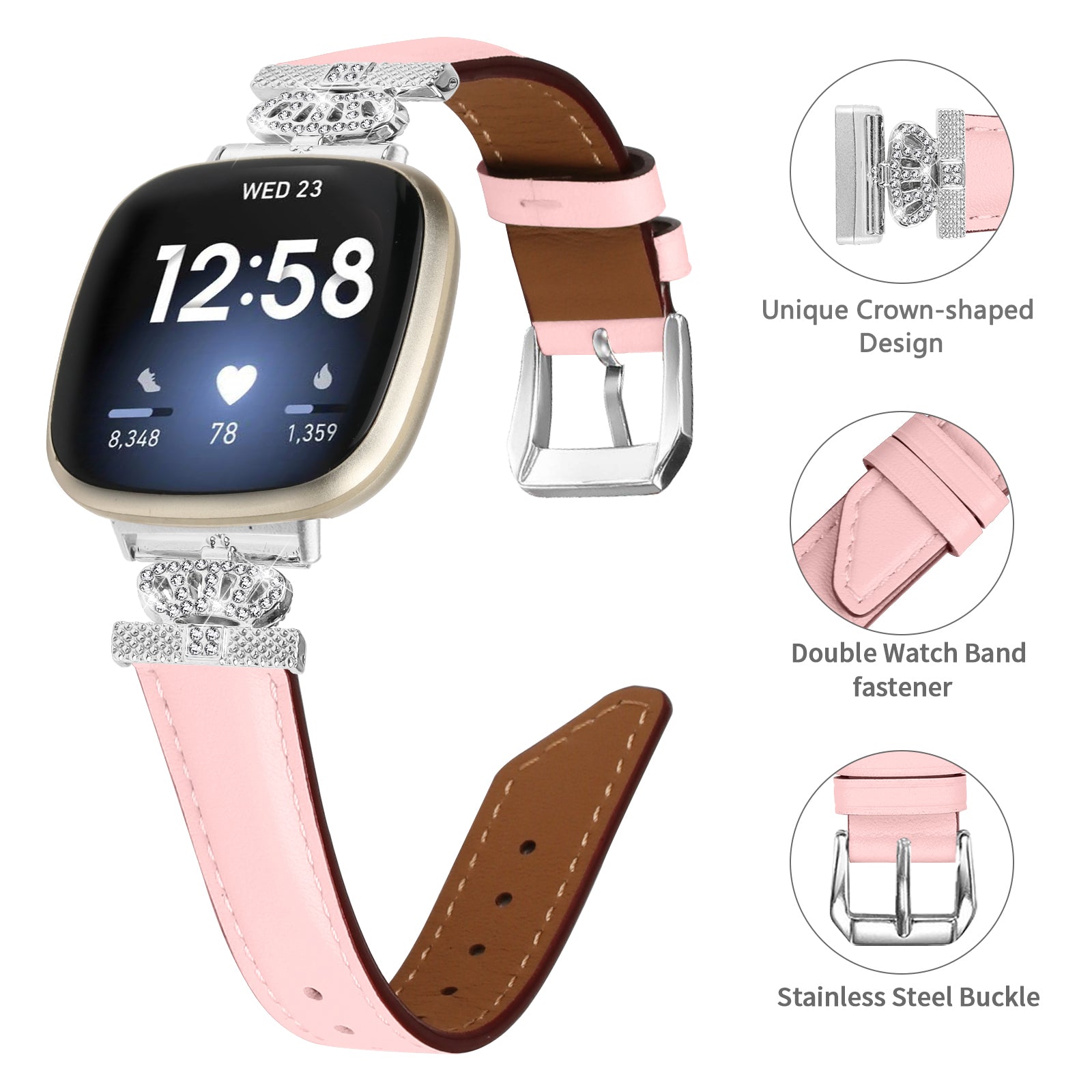 For Fitbit Versa 3 4 Sense 2 Watch Band Crown Connector Replacement Strap with Silver Buckle