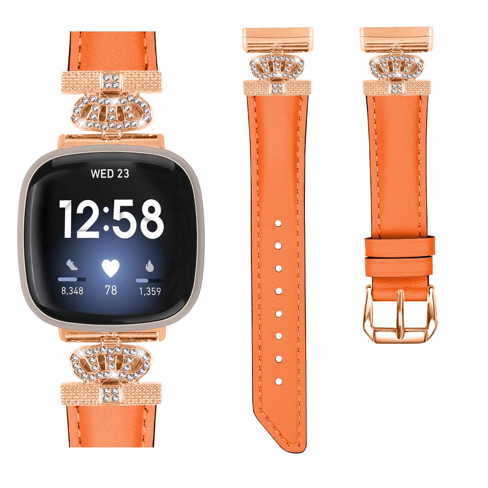 For Fitbit Versa 3 Versa 4 Sense Sense 2 Rose Gold Buckle Watch Band Crown Rhinestone Wrist Strap
