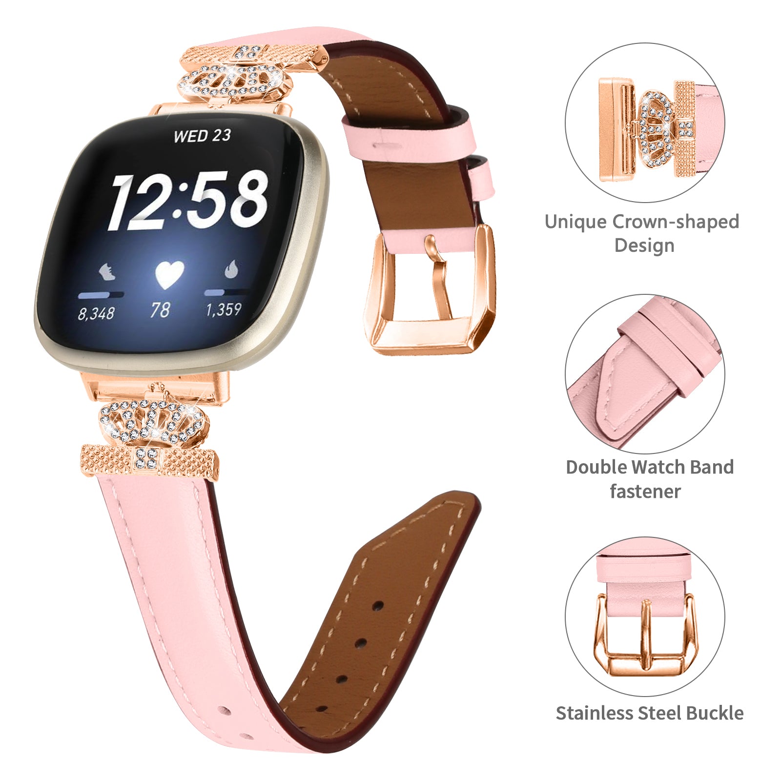 For Fitbit Versa 3 Versa 4 Sense Sense 2 Rose Gold Buckle Watch Band Crown Rhinestone Wrist Strap