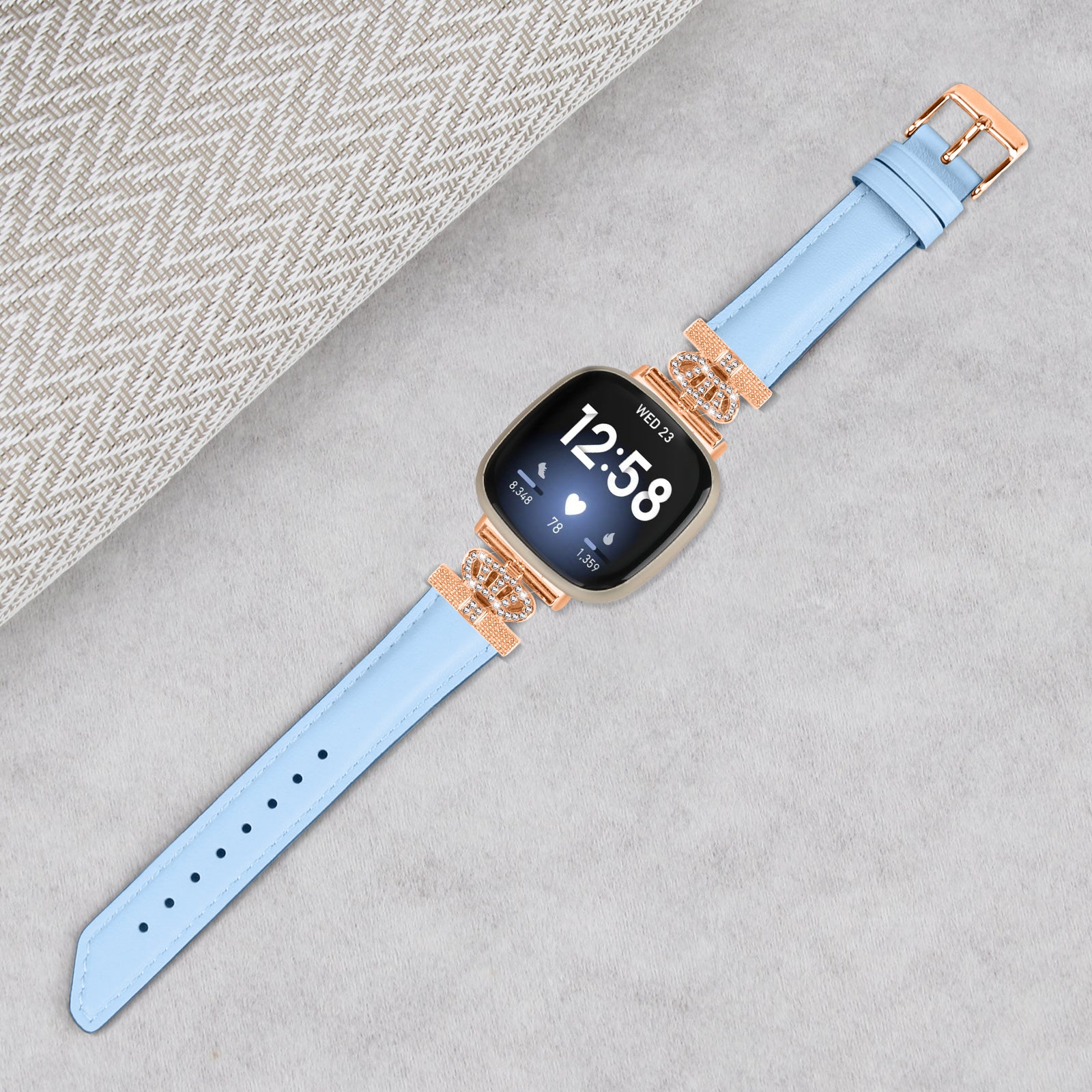 For Fitbit Versa 3 Versa 4 Sense Sense 2 Rose Gold Buckle Watch Band Crown Rhinestone Wrist Strap