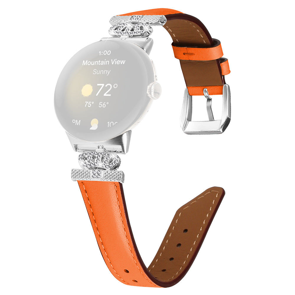 Silver Buckle Band for Google Pixel Watch Pixel Watch 2 Crown Rhinestone Decor Genuine Cowhide Leather Wrist Strap