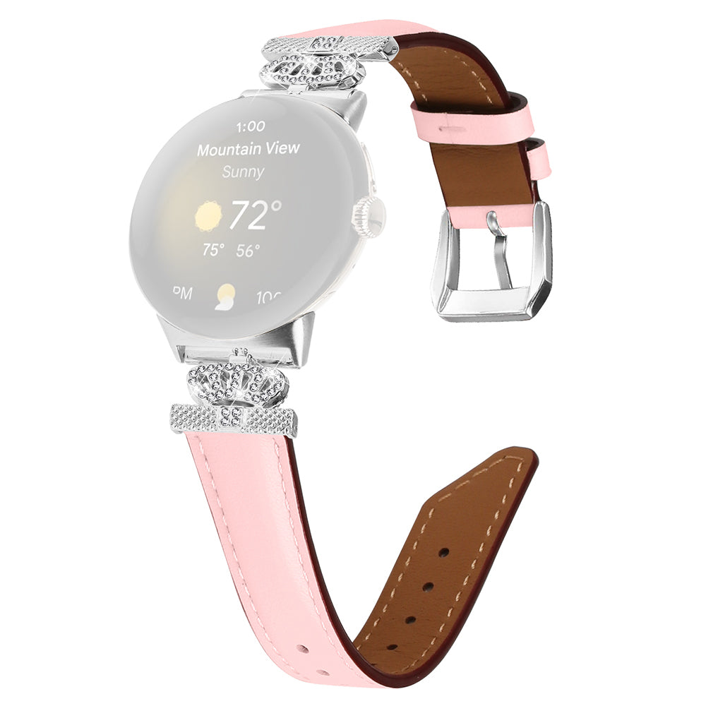 Silver Buckle Band for Google Pixel Watch Pixel Watch 2 Crown Rhinestone Decor Genuine Cowhide Leather Wrist Strap