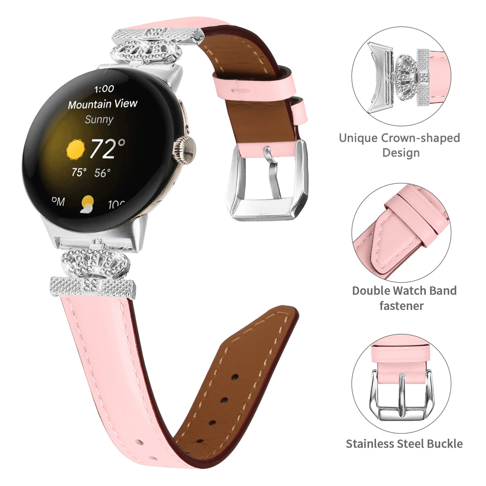 Silver Buckle Band for Google Pixel Watch Pixel Watch 2 Crown Rhinestone Decor Genuine Cowhide Leather Wrist Strap