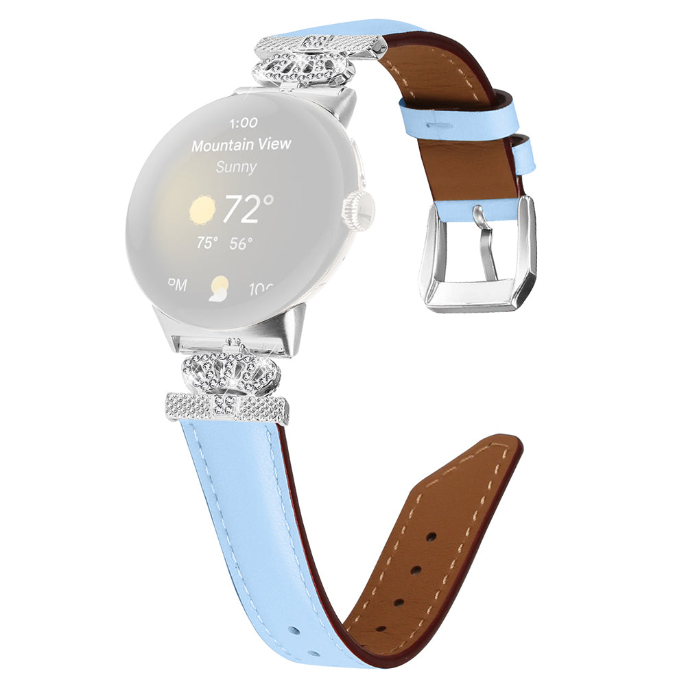 Silver Buckle Band for Google Pixel Watch Pixel Watch 2 Crown Rhinestone Decor Genuine Cowhide Leather Wrist Strap
